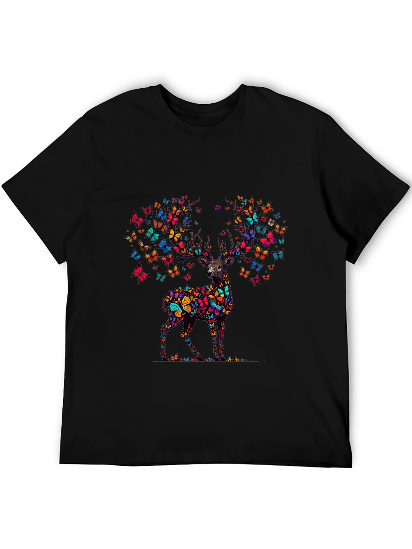 Black Butterfly Deer Graphic Black T-Shirt view 5