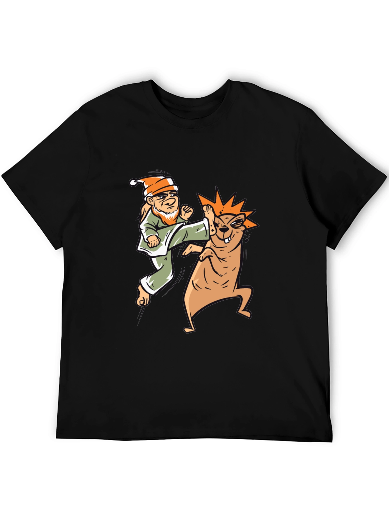 Black Funny Karate Gnome vs. Beaver Graphic T-Shirt view 5