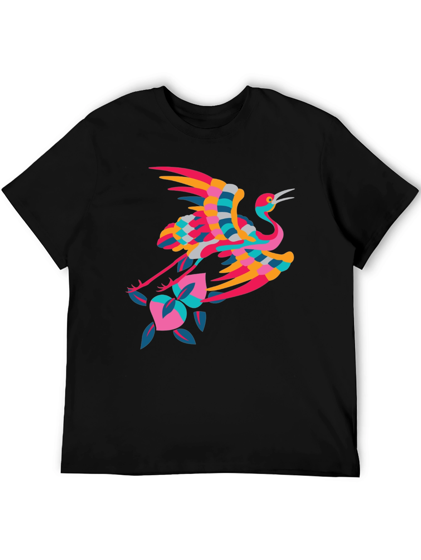 Stylish Crane Graphic Black T-Shirt - 5