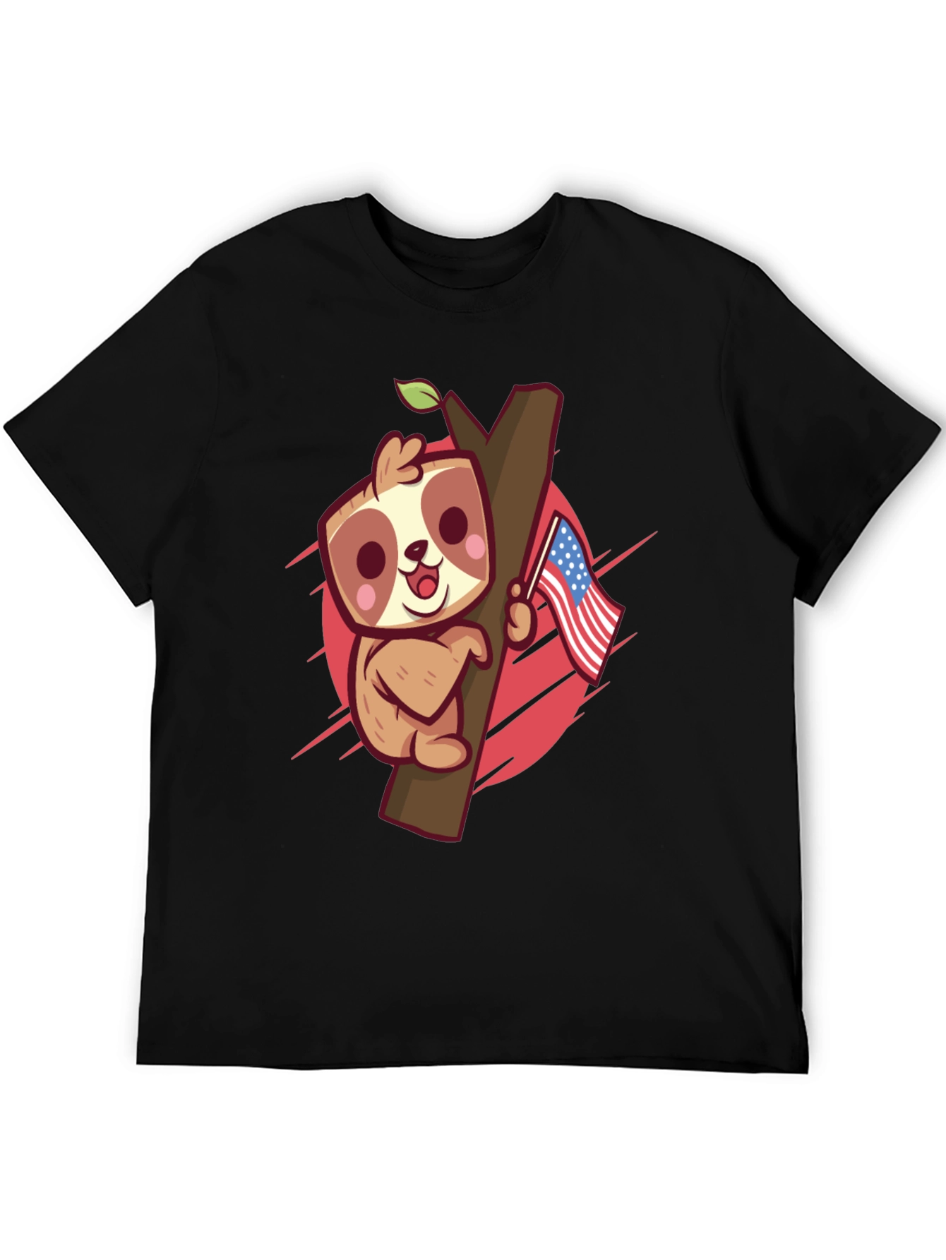 Black Cute Sloth Holding US Flag Graphic Tee view 5