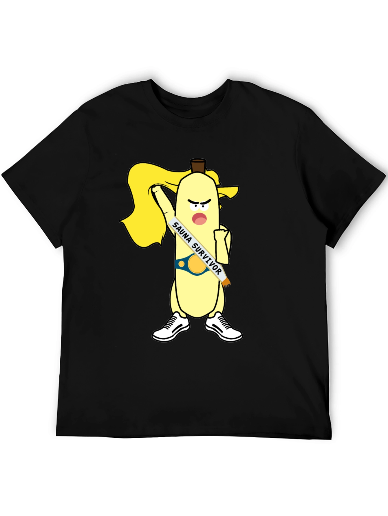 Black Sauna Survivor Banana Cartoon Tee view 5