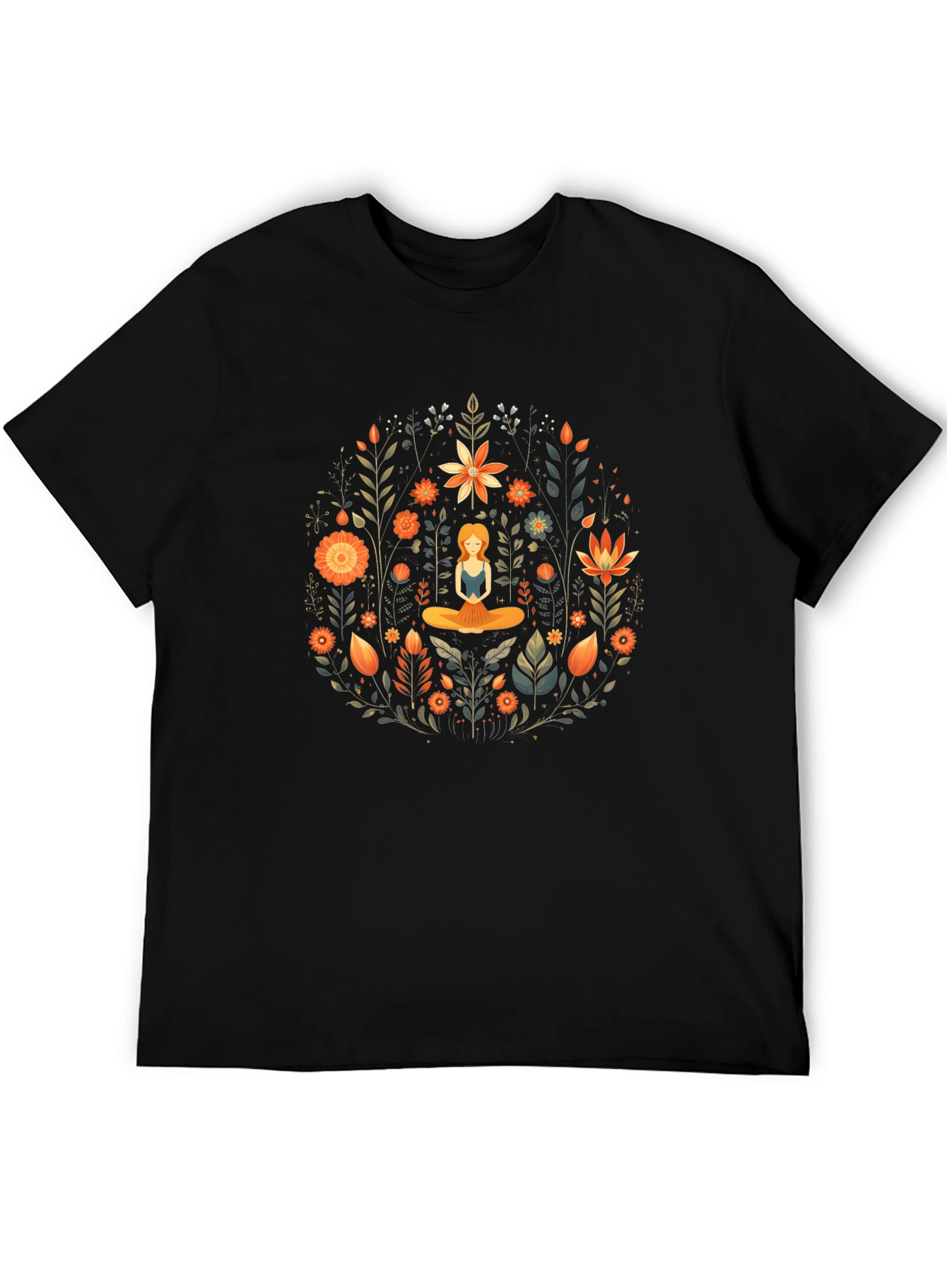 Black Yoga Meditation Floral Design Black T-Shirt view 5