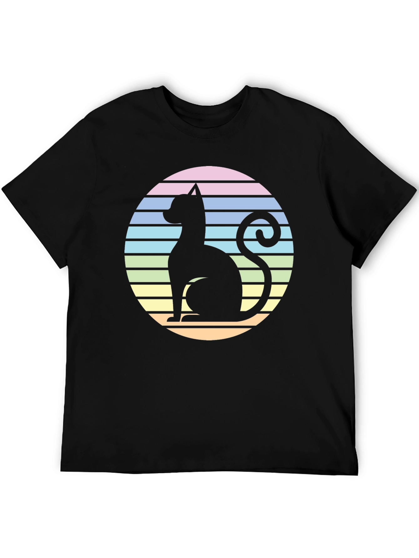 Black Retro Cat Silhouette T-Shirt - Striped Circle Design view 5
