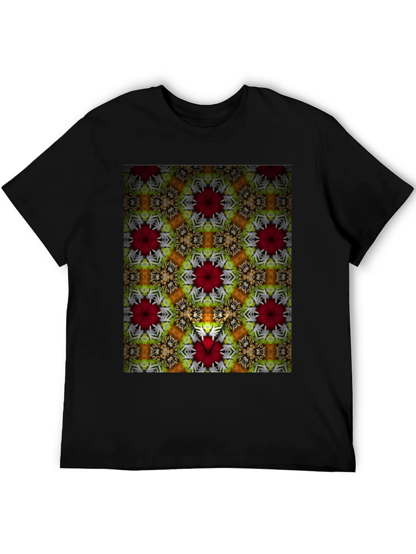 Black Kaleidoscope Floral Graphic Print Men's Black T-Shirt view 5