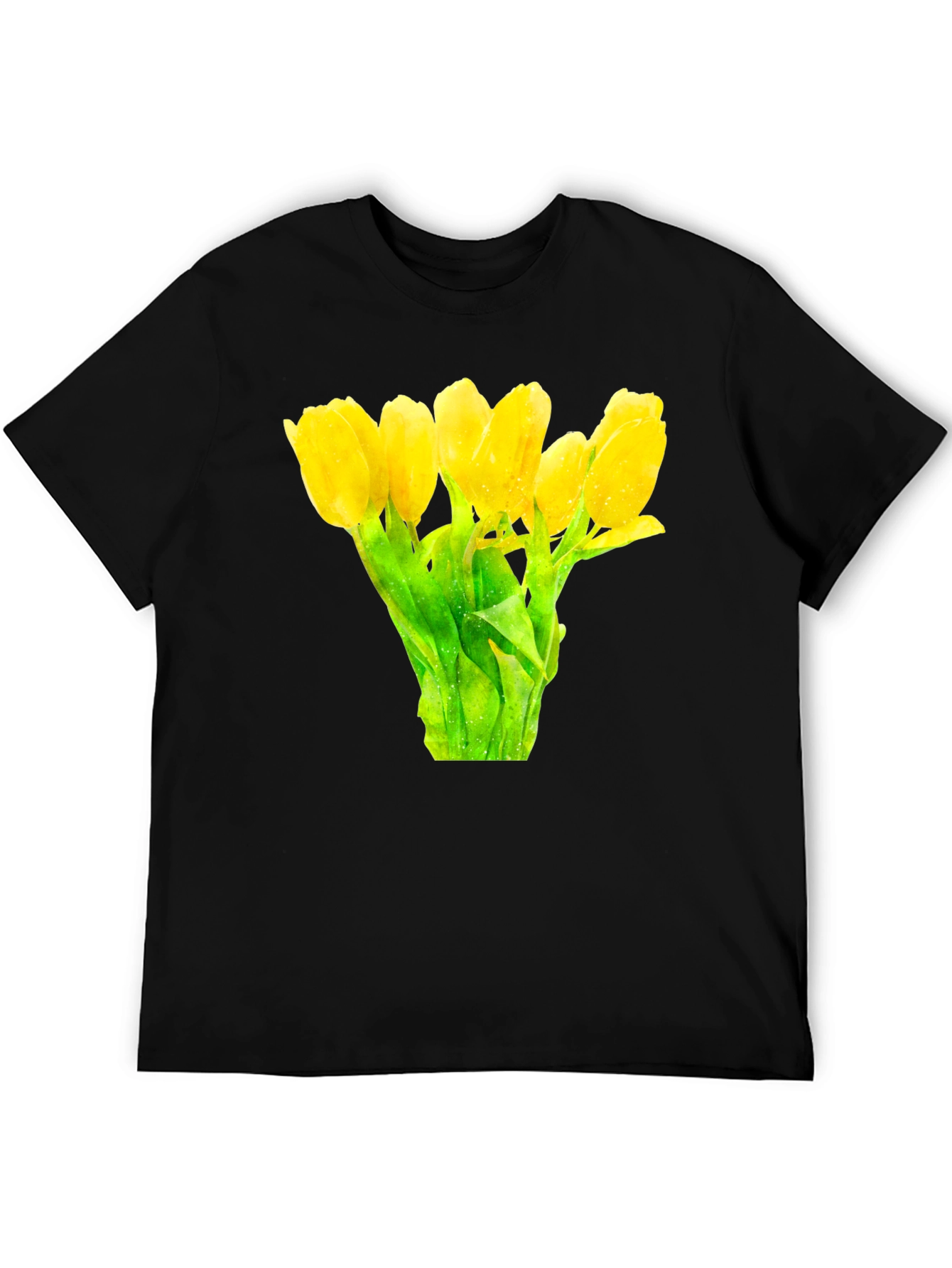 Black Floral Print Black T-Shirt -  Yellow Tulips view 5