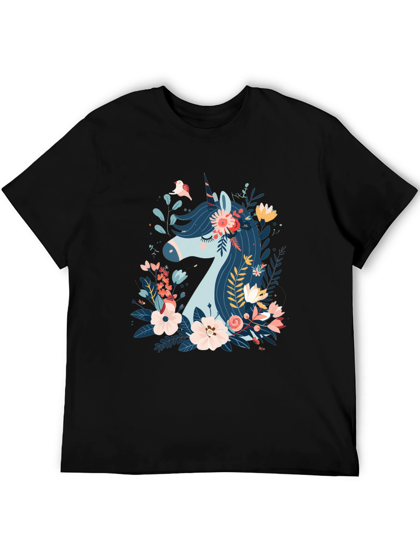 Black Floral Unicorn Graphic Print Black T-Shirt view 5