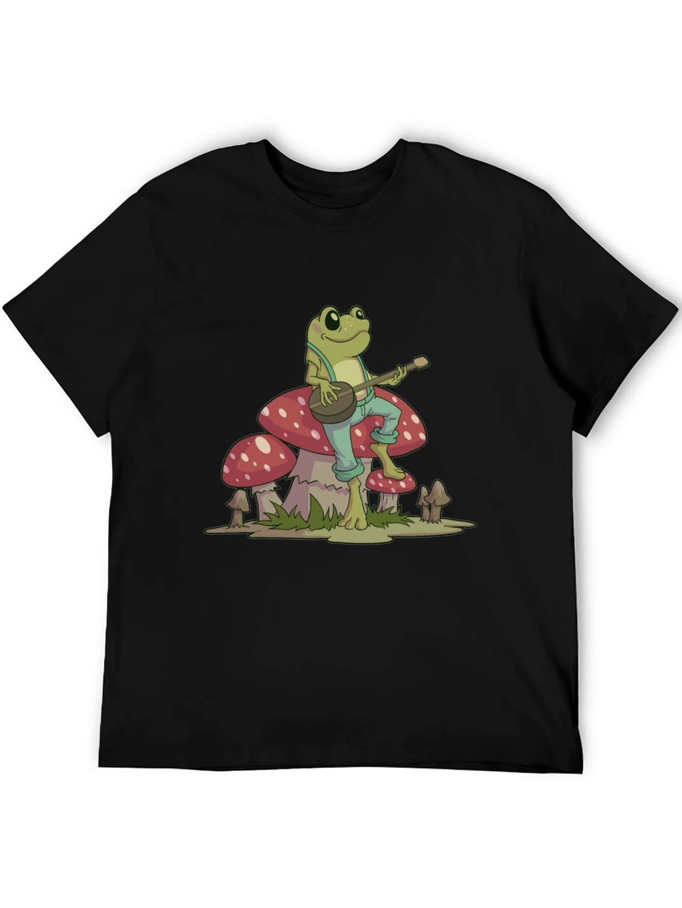 Black Frog Playing Banjo on Mushroom Graphic Tee view 5