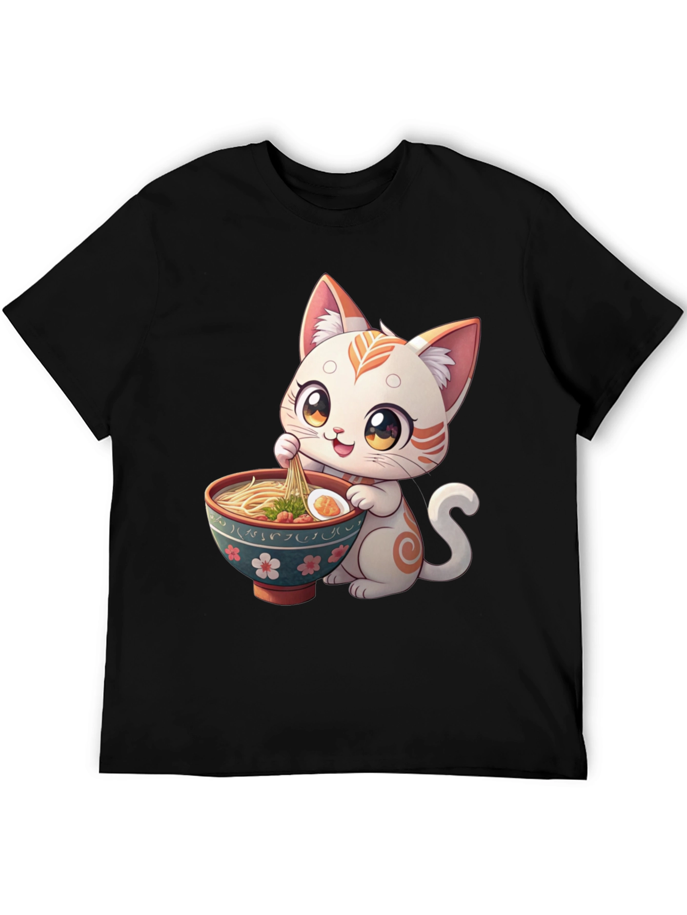 Black Cute Cat Ramen T-Shirt - Kawaii Kitten Eating Noodles Tee view 5