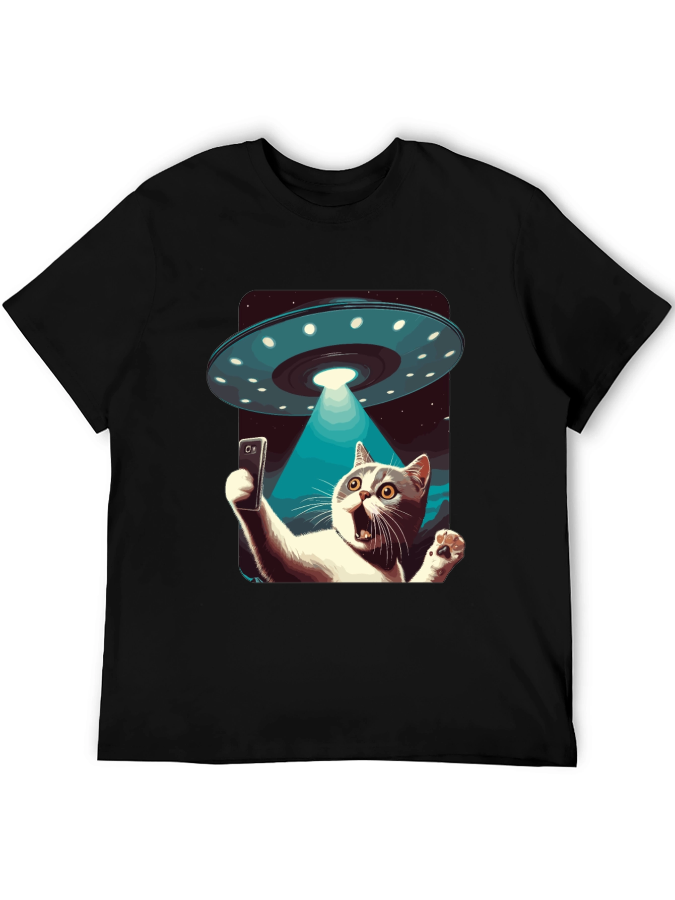 Black Alien Abduction Cat Selfie T-Shirt view 5