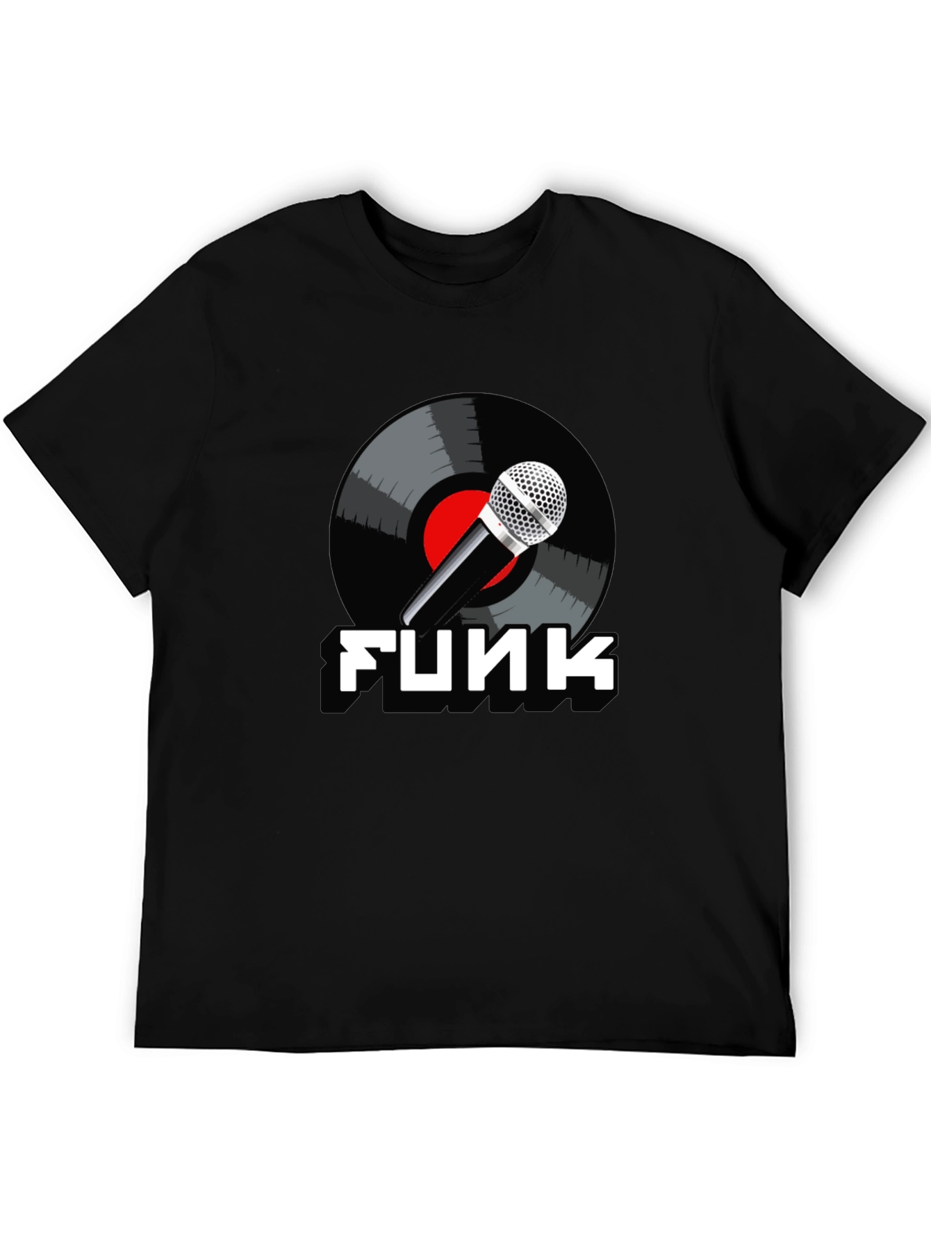 Black Funk Music T-Shirt with Microphone and Vinyl Record Design view 5