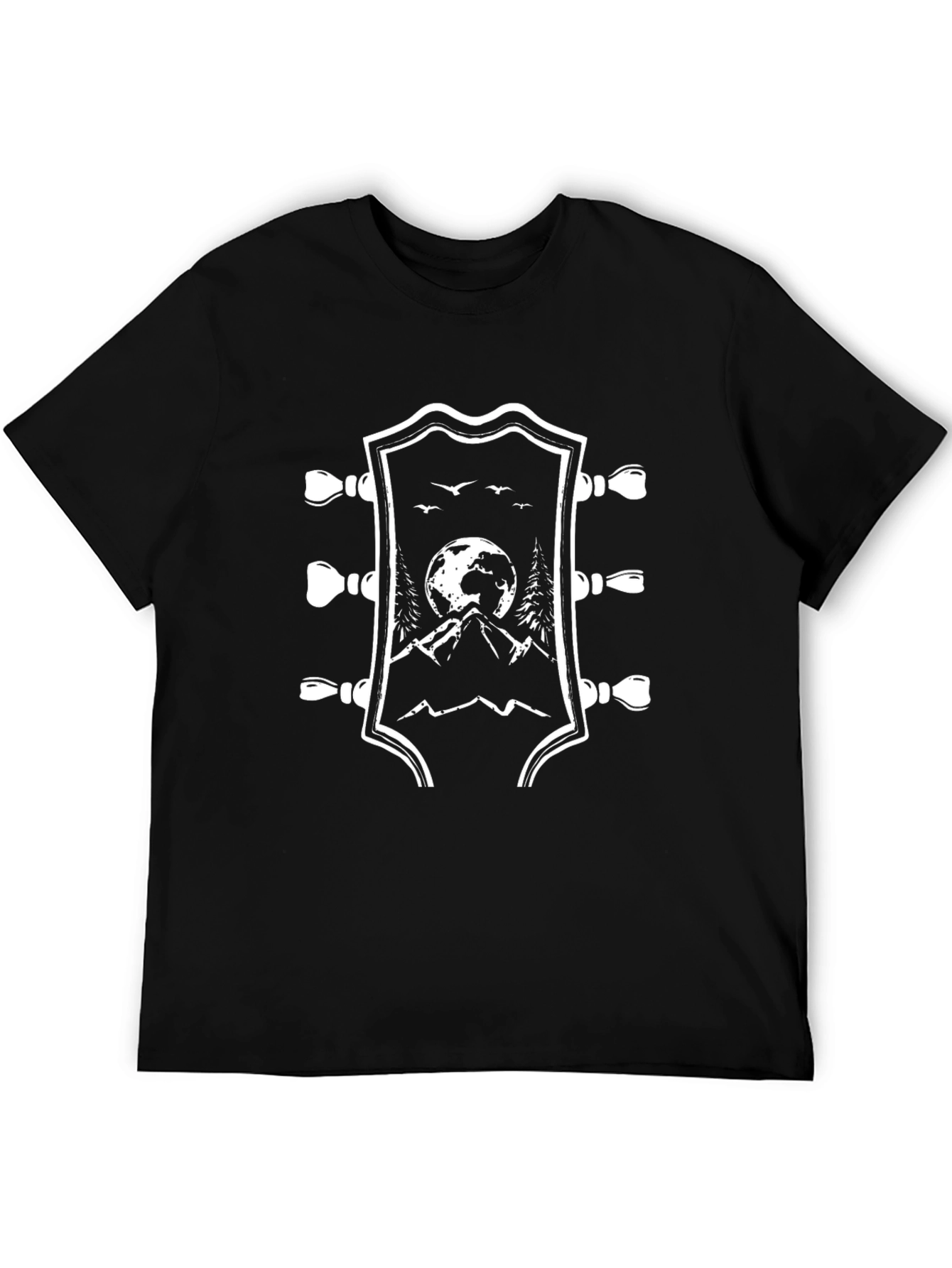 Black Guitar Headstock Mountain Scene Black T-Shirt view 5