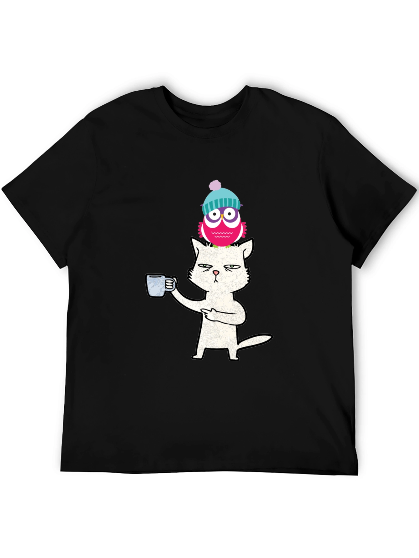 Black Cat With Coffee & Owl On Head T-Shirt view 5