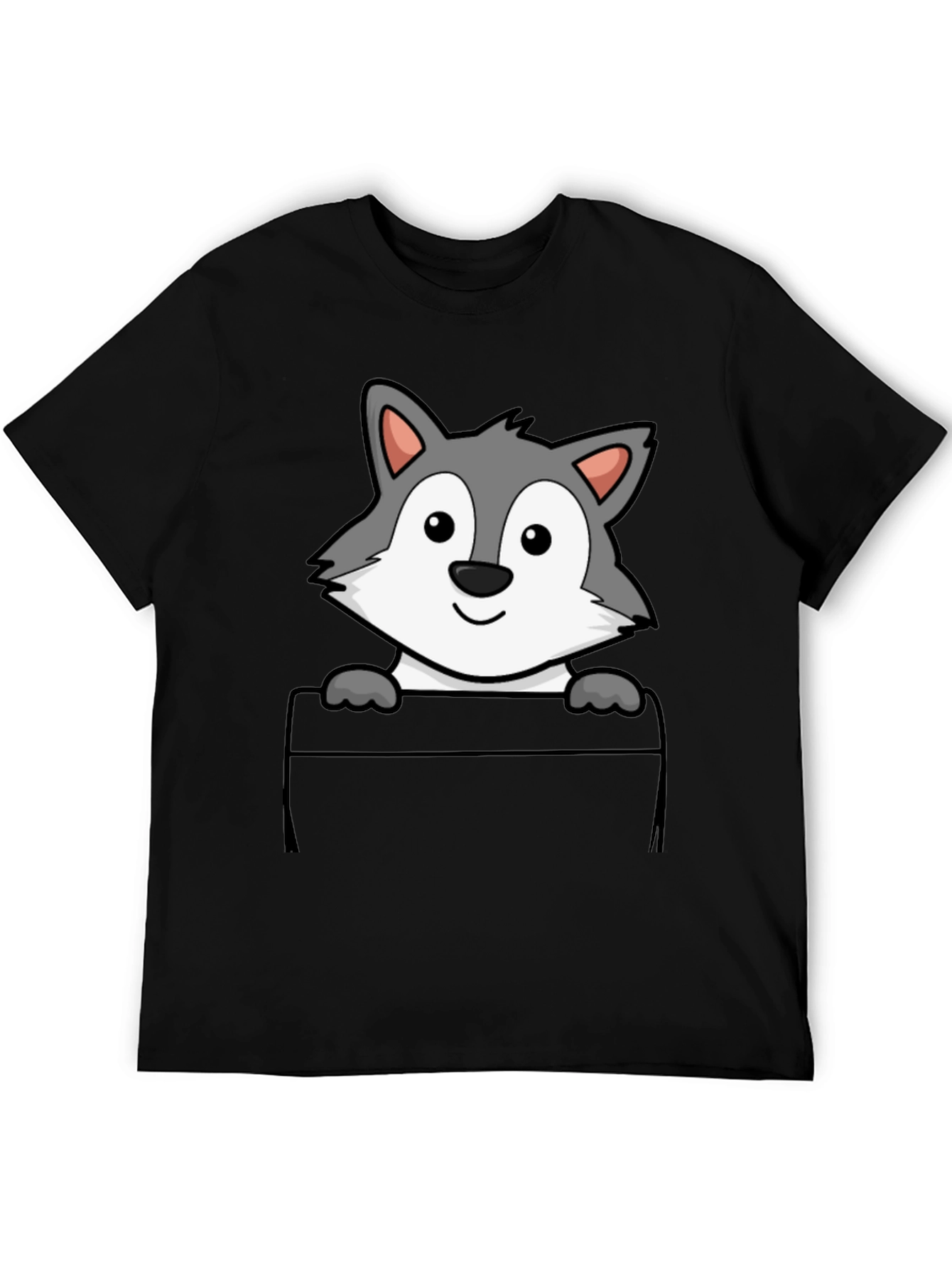 Black Cartoon Wolf Pocket Print T-Shirt view 5
