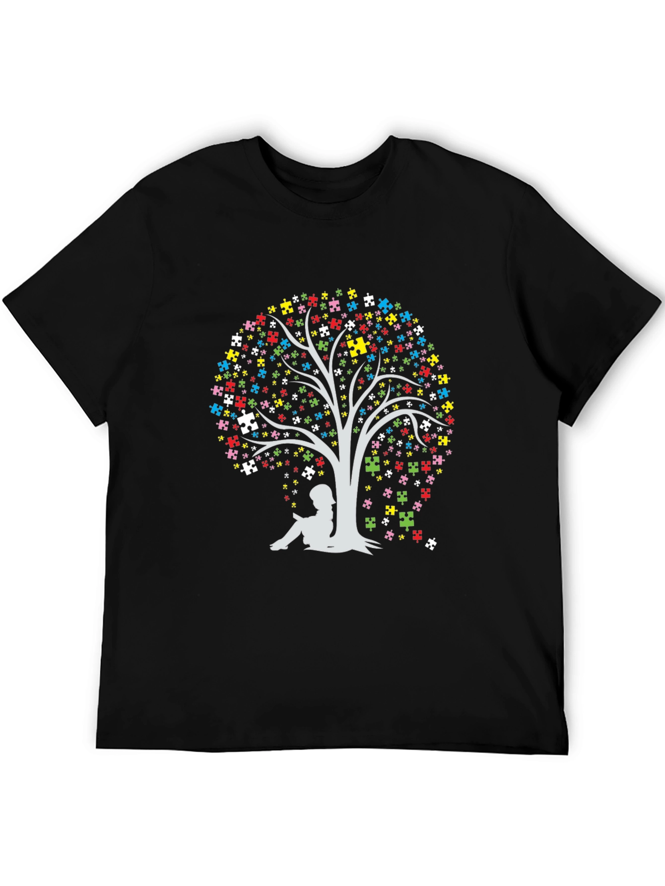 Black Autism Awareness Puzzle Tree T-Shirt view 5
