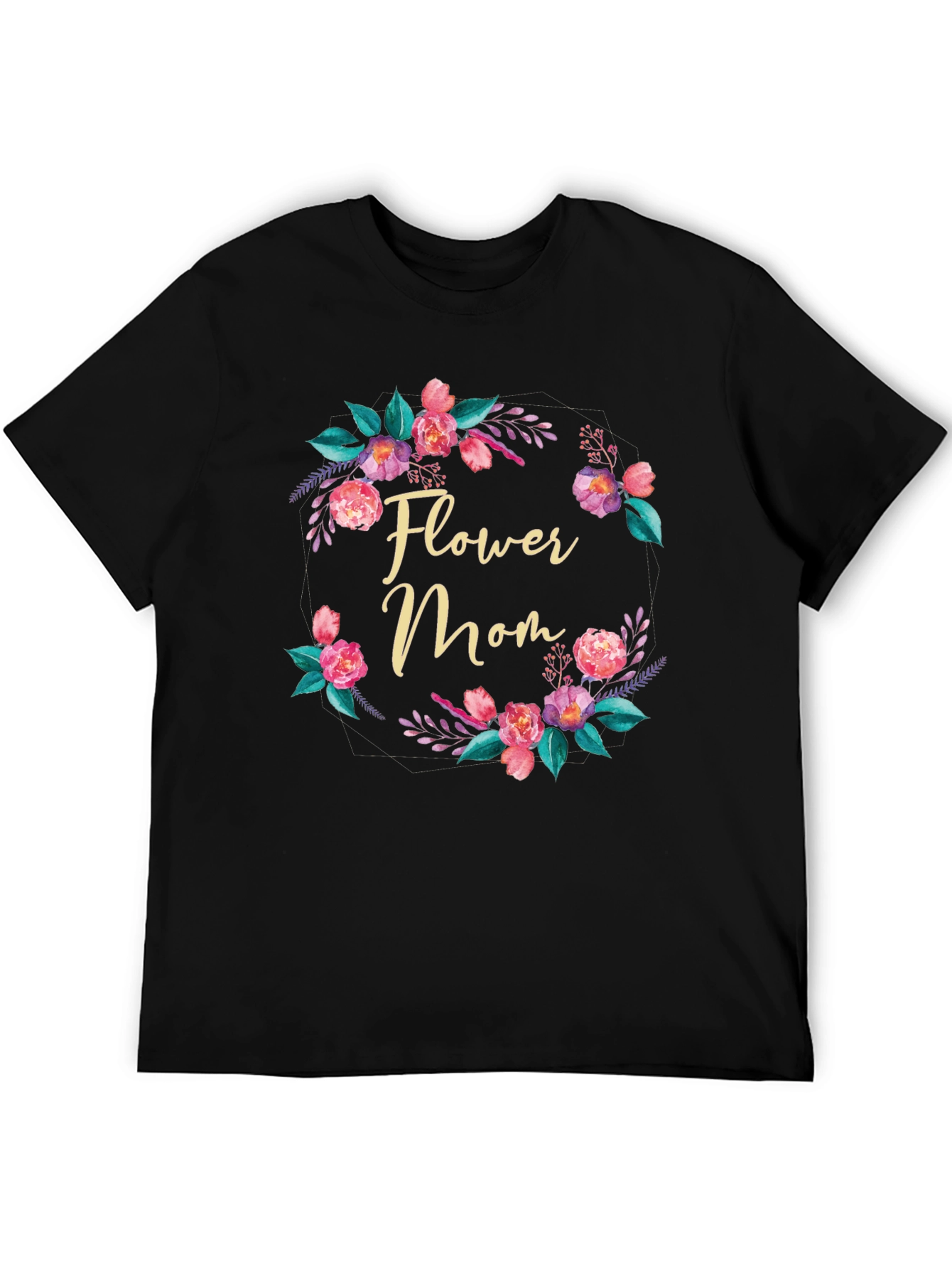Black Flower Mom T-Shirt - Floral Wreath Design view 5