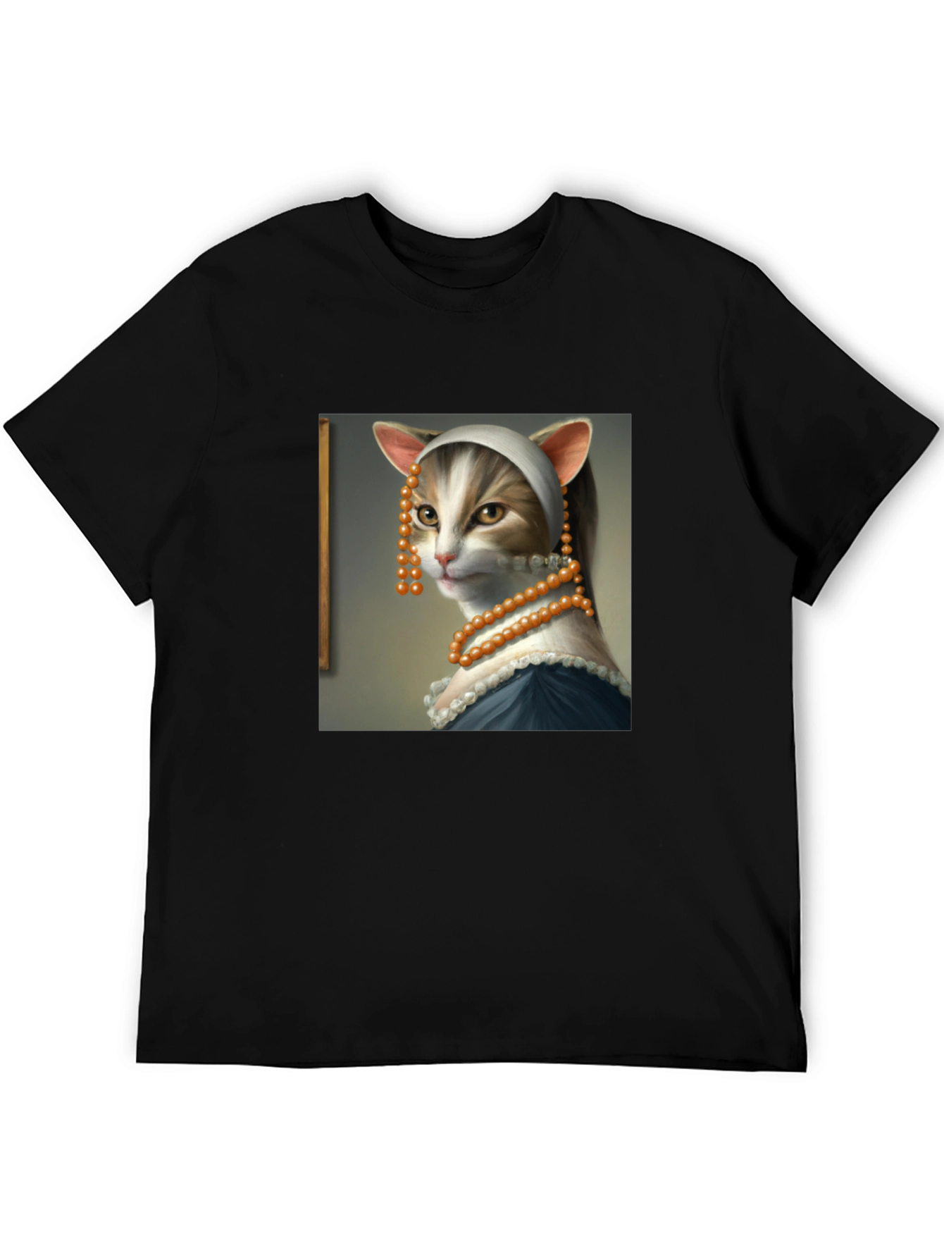 Black Cat with a Pearl Earring T-Shirt - Funny Art Tee view 5