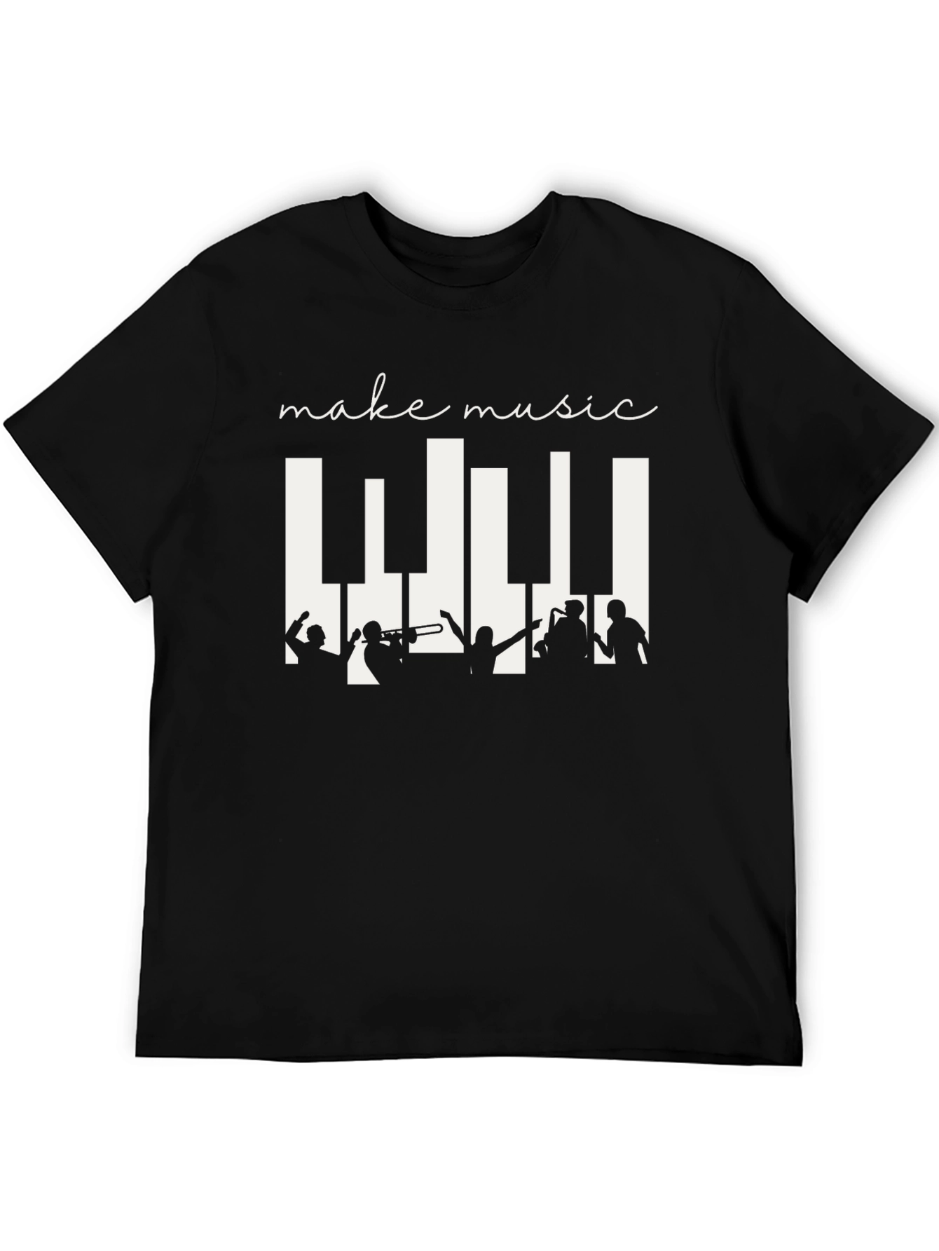 Black Make Music Black T-Shirt - Band Silhouette & Piano Keys Design view 5