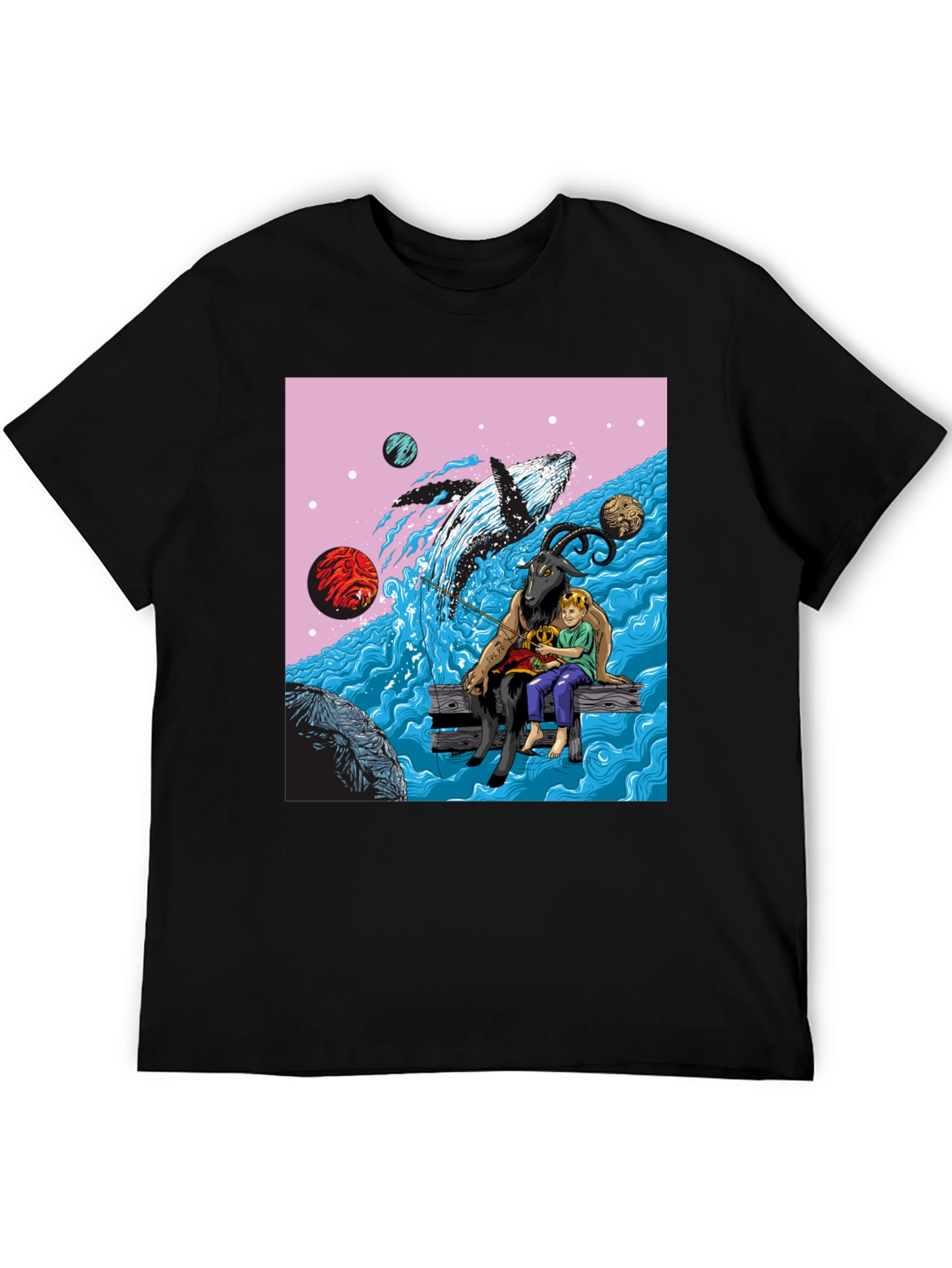 Black Whimsical Goat, Boy, and Whale Graphic Tee view 5