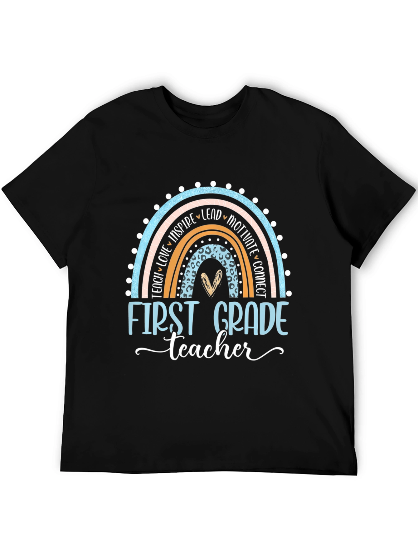 Black First Grade Teacher Rainbow T-Shirt view 5