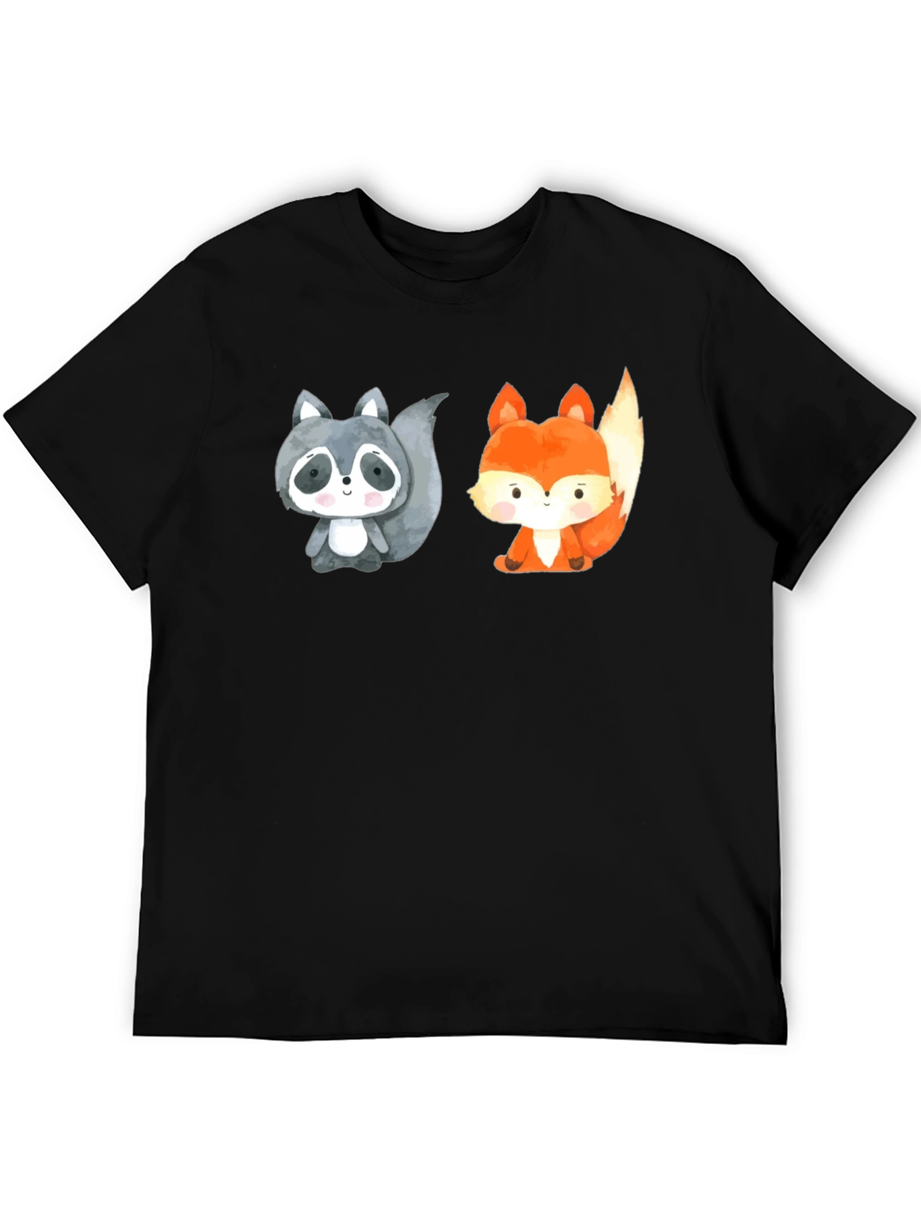 Black Cute Cartoon Animal Tee: Raccoon & Fox Black Shirt view 5