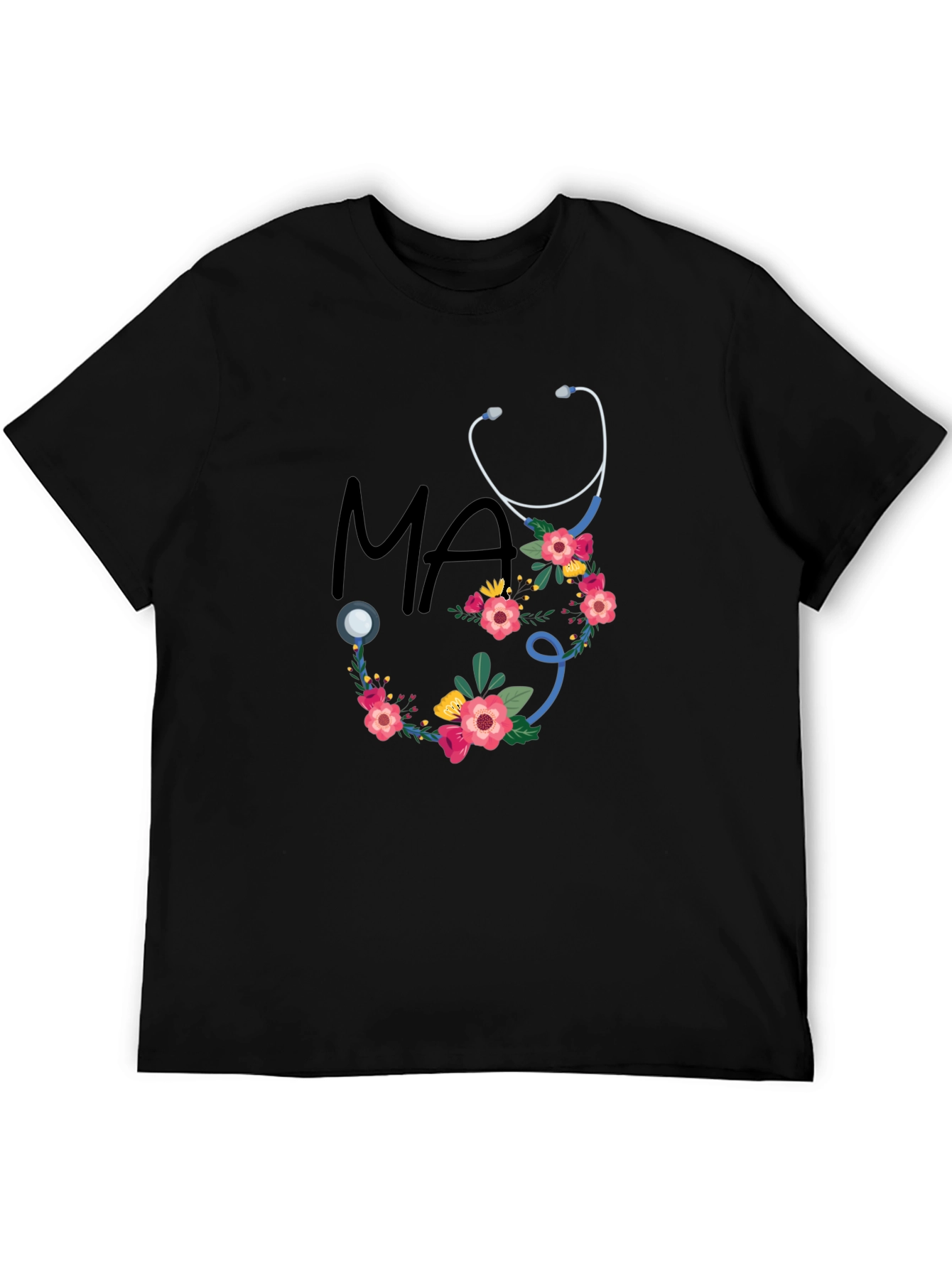 Black Floral Stethoscope MA T-Shirt - Medical Assistant Style view 5