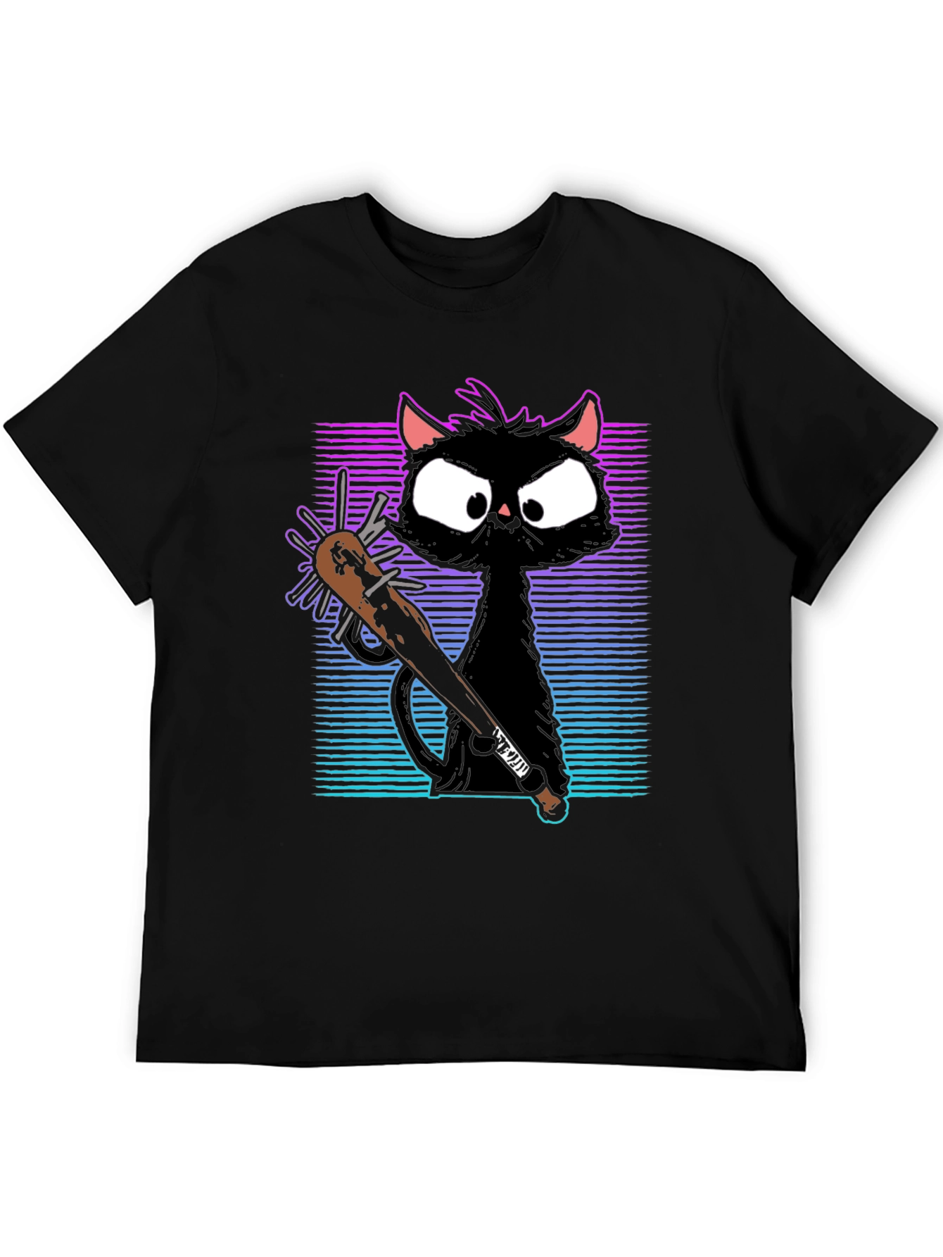 Black Gangster Cat T-Shirt with Spiked Bat - Black view 5