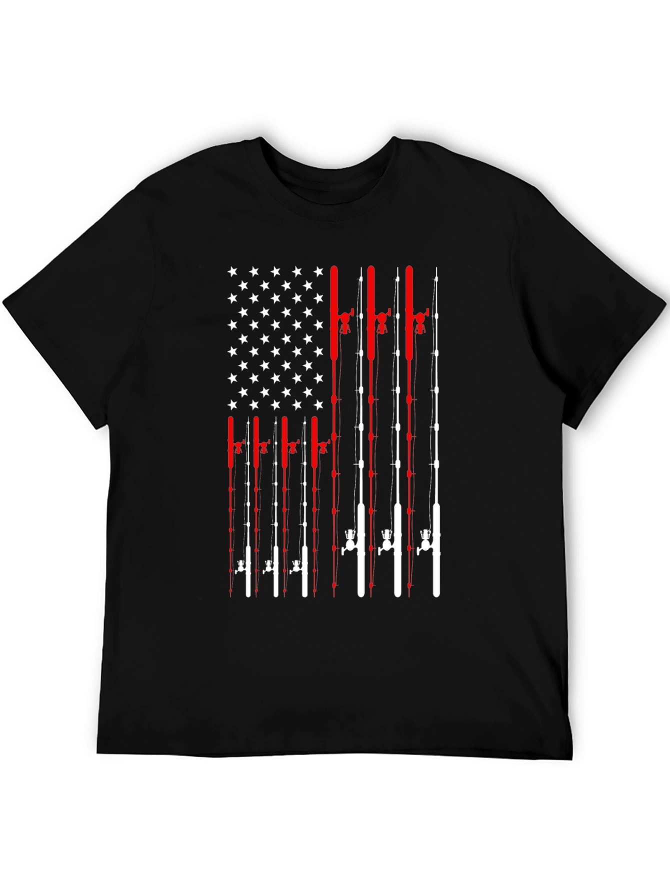 Black Fishing Rod American Flag Patriotic Graphic T-Shirt view 5