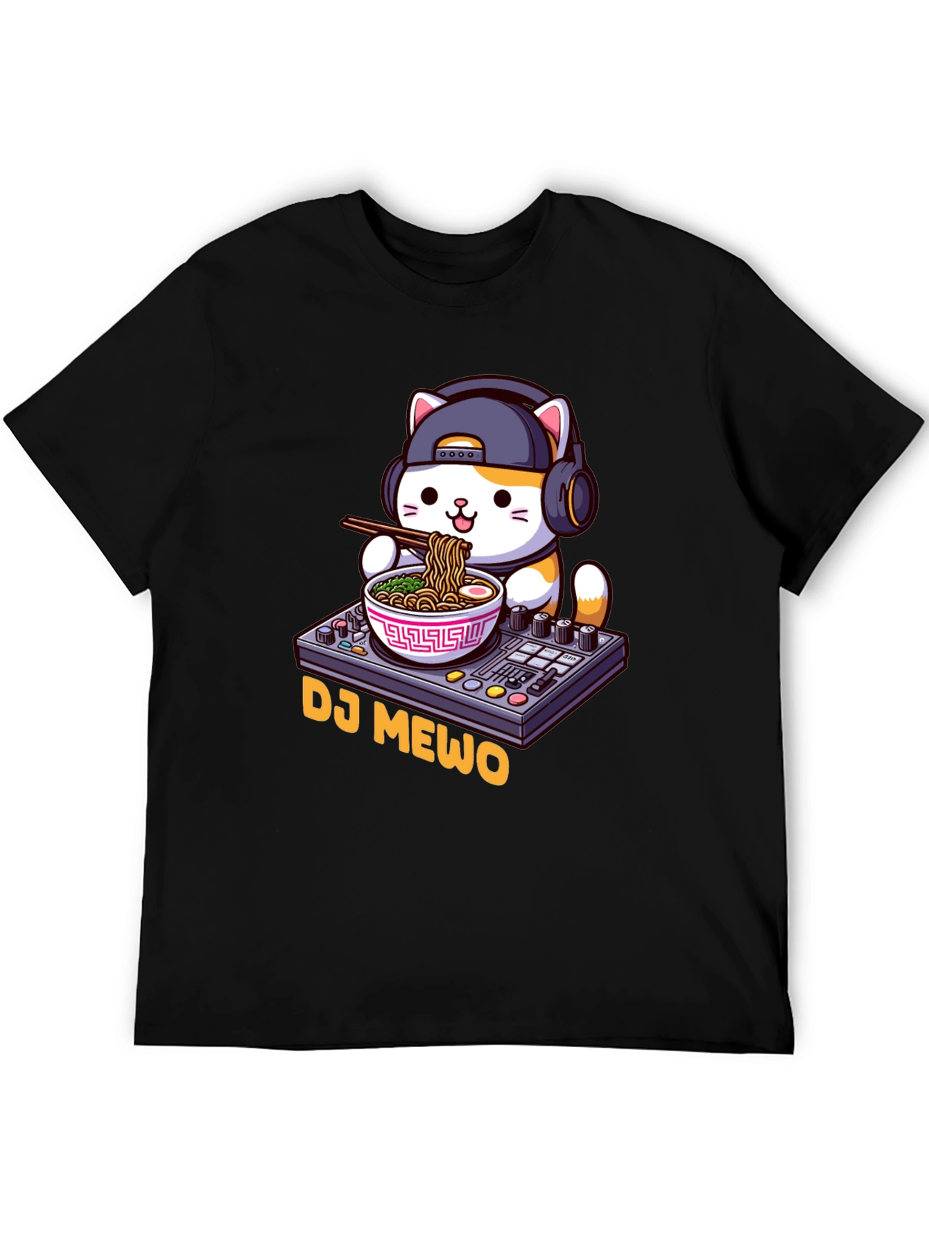 Black DJ MEWO Black T-Shirt - Cat Ramen DJ Design view 5