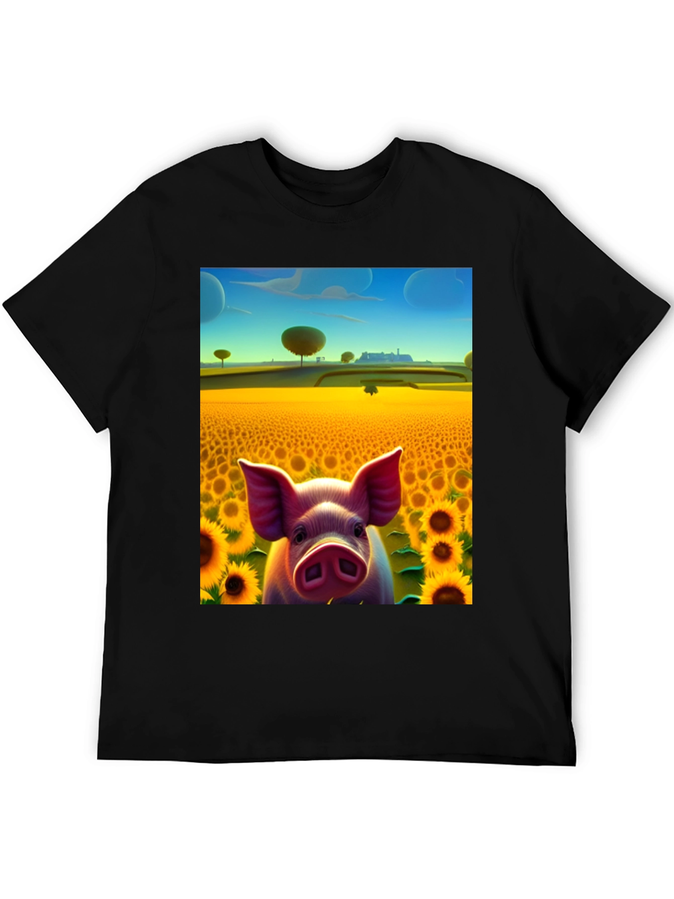 Black Pig in Sunflower Field Graphic Tee view 5