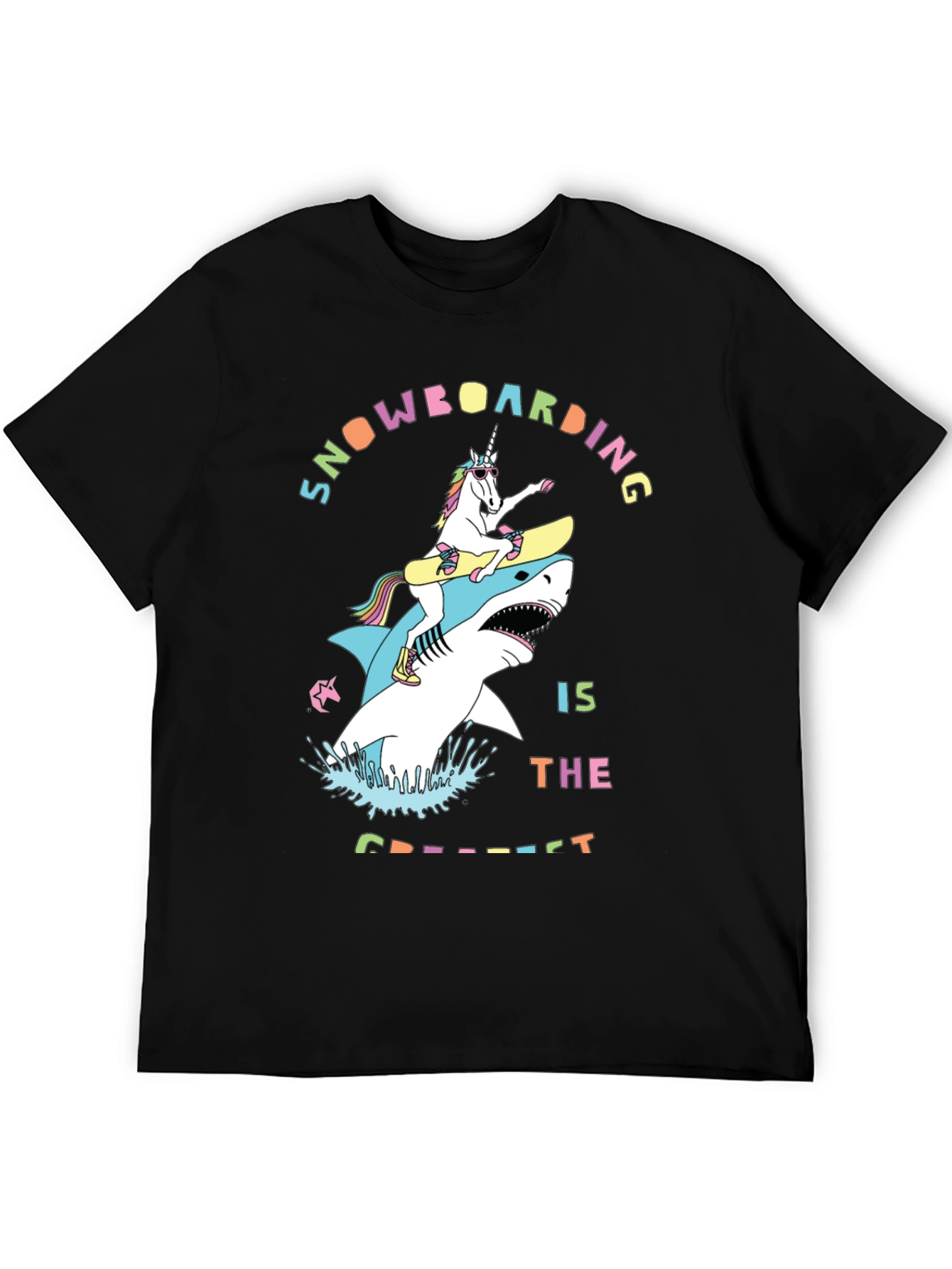Black Snowboarding Shark & Unicorn Graphic Tee view 5
