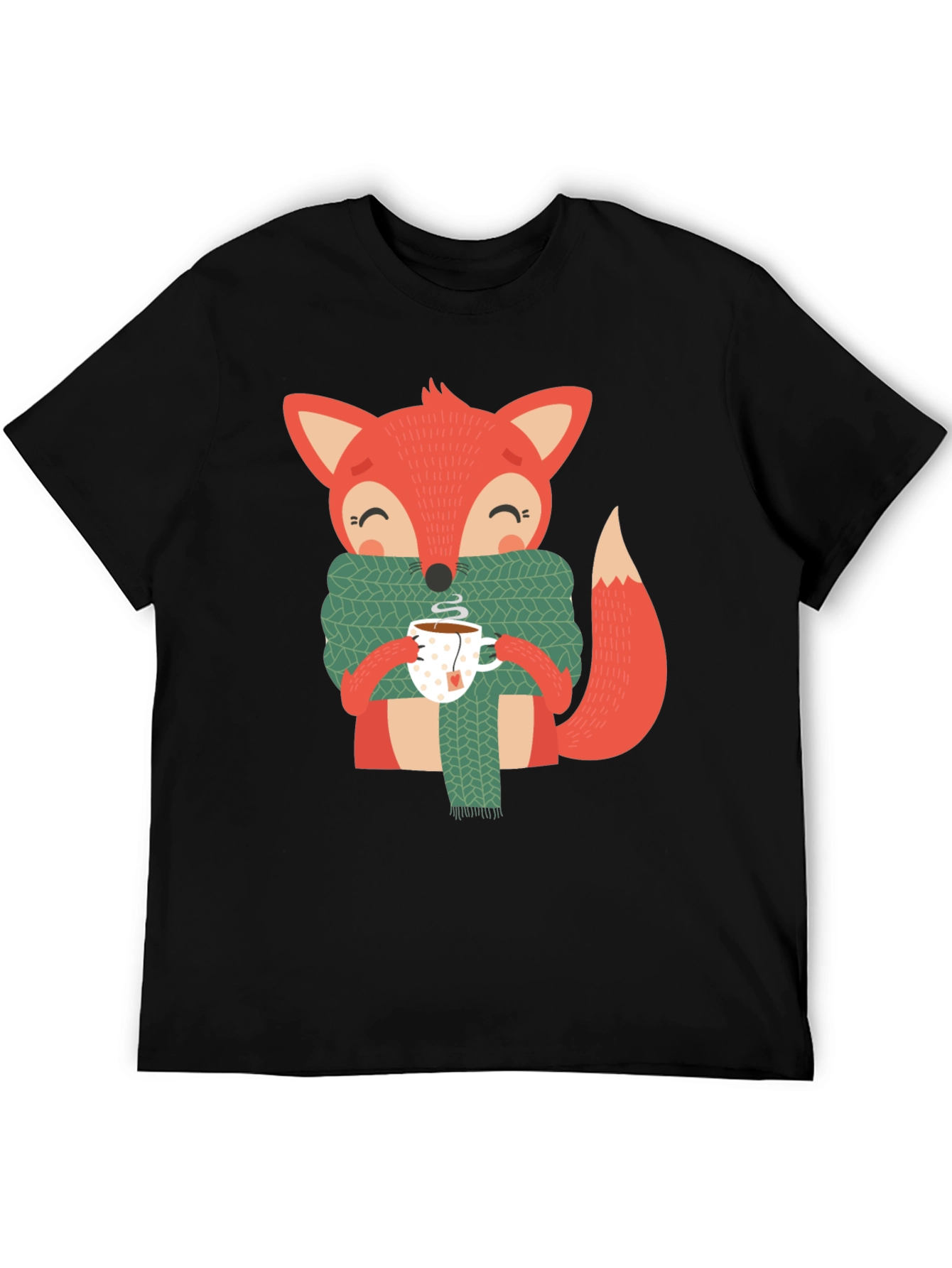 Black Cute Fox Winter Tee - Snug Scarf & Hot Tea Design view 5