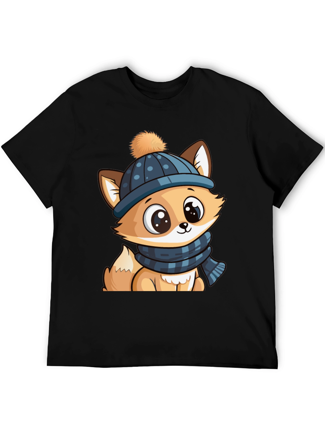 Black Cute Cartoon Fox with Winter Hat Graphic Tee view 5