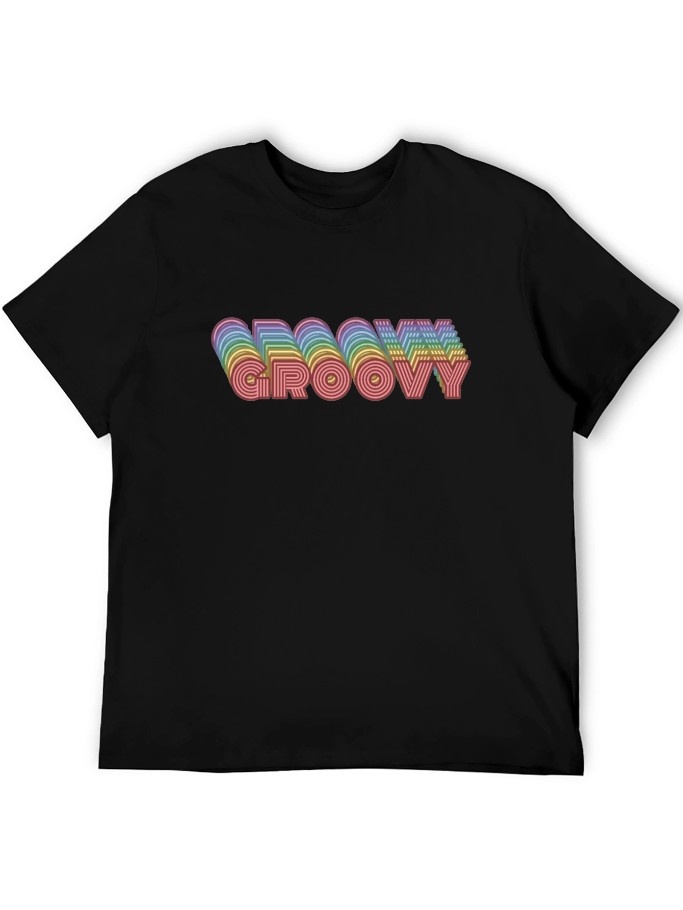 Black Groovy Retro Rainbow Graphic Tee - Black Cotton T-Shirt view 5