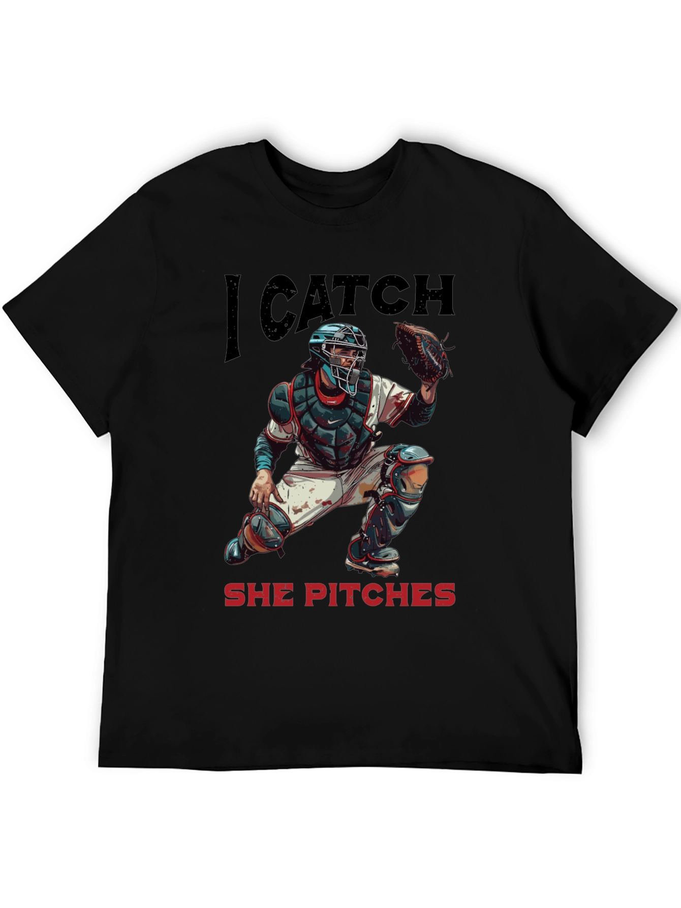Black I Catch She Pitches Baseball T-Shirt view 5