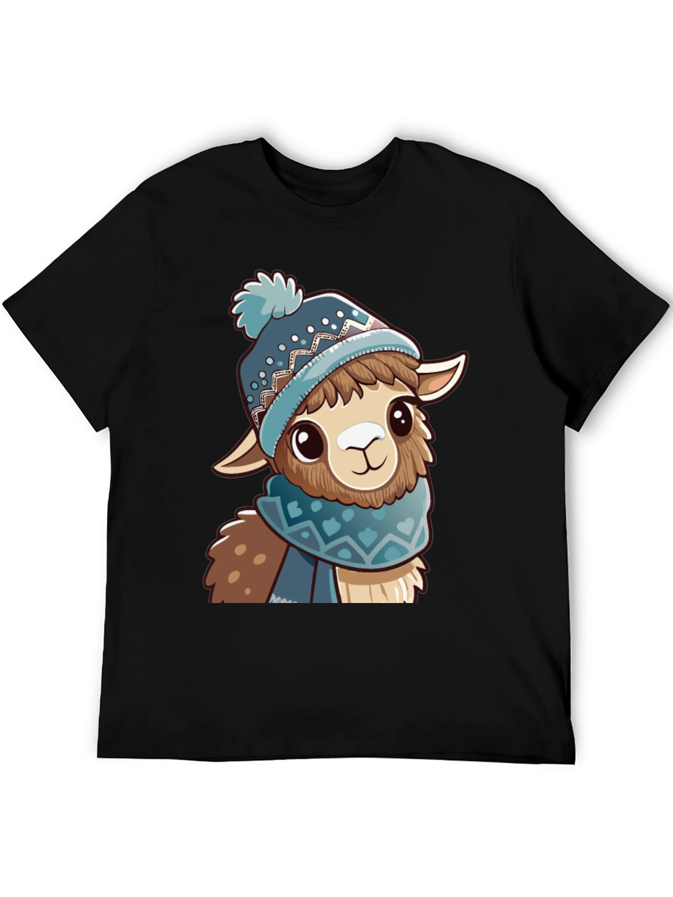 Black Cute Llama in Winter Hat Black T-Shirt view 5
