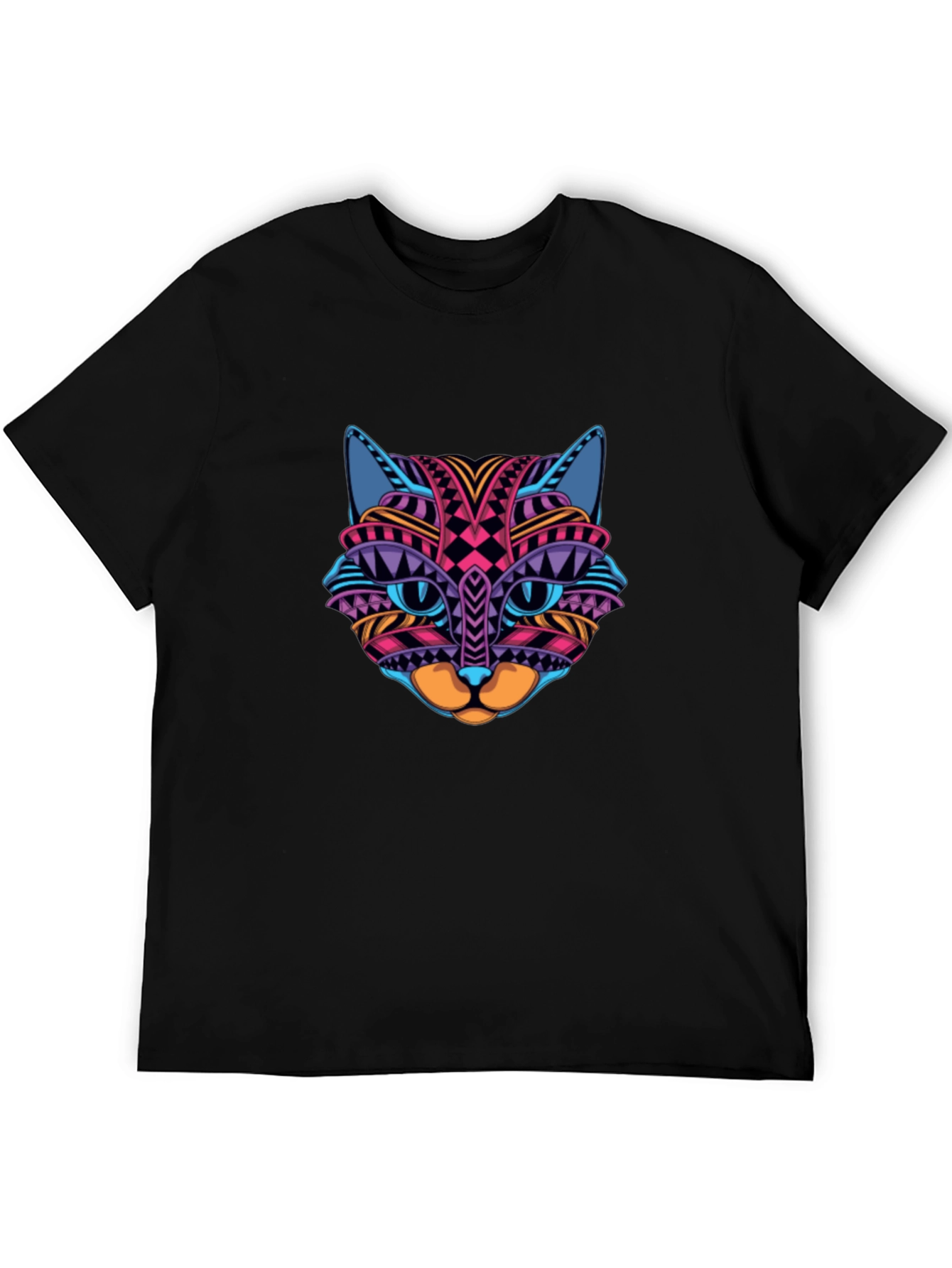 Black Colorful Cat Face Graphic Print Black T-Shirt view 5
