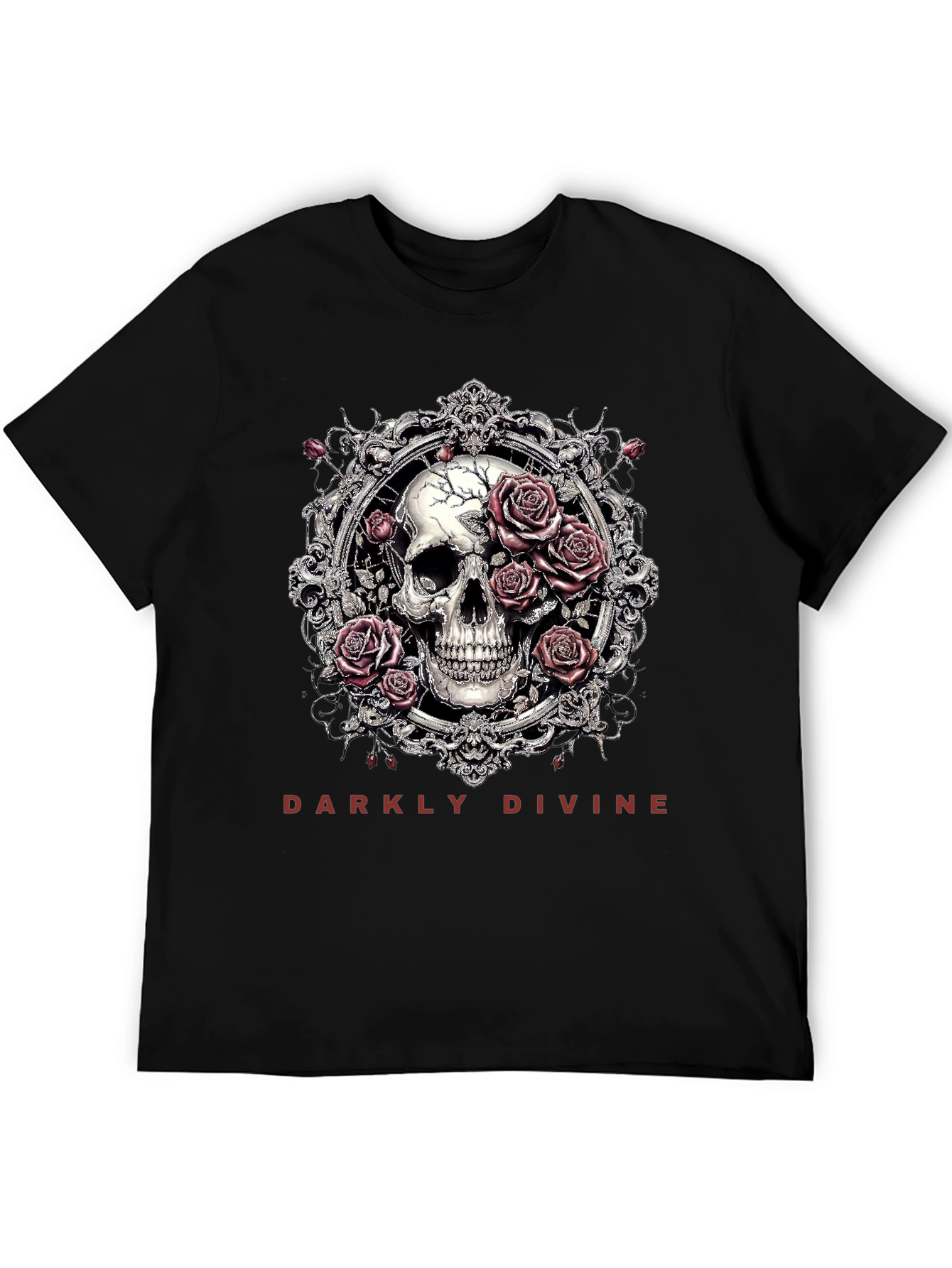 Black Darkly Divine Skull & Roses Graphic T-Shirt view 5