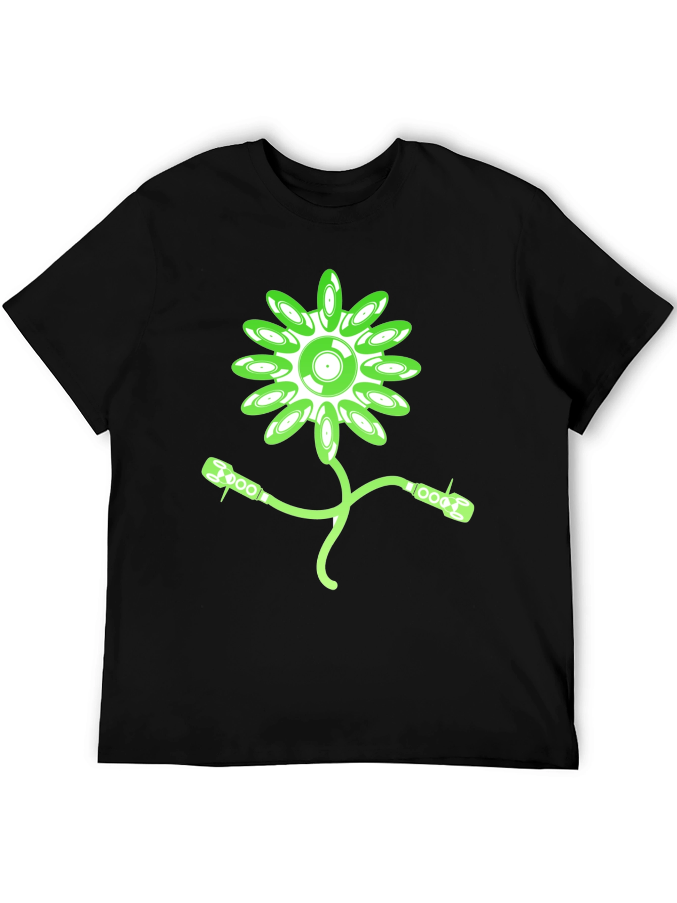 Black Groovy Record Flower Graphic Tee - Black Cotton T-Shirt view 5