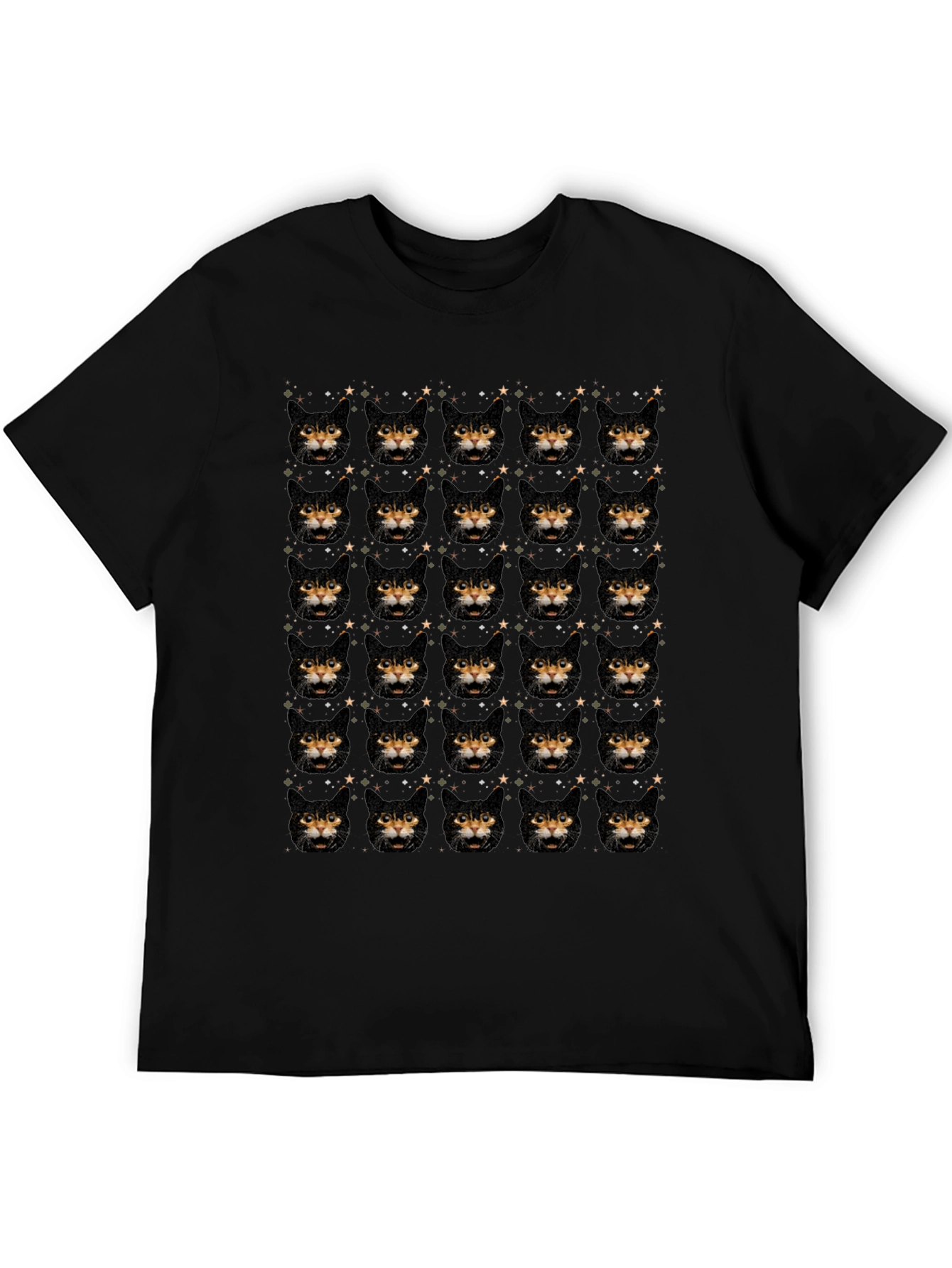Black Cat Face Pattern Black T-Shirt view 5