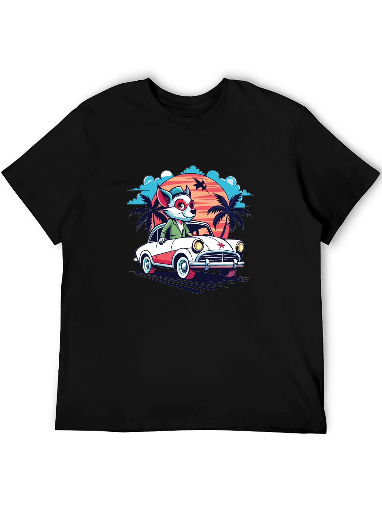 Black Cool Cartoon Fox Car T-Shirt view 5