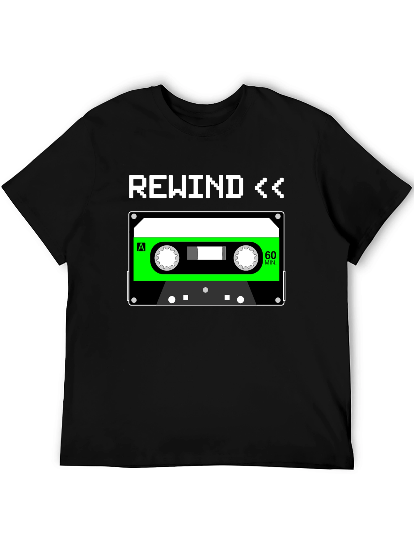 Black Retro Rewind Cassette Tape Graphic Tee - 80s Nostalgia T-Shirt view 5