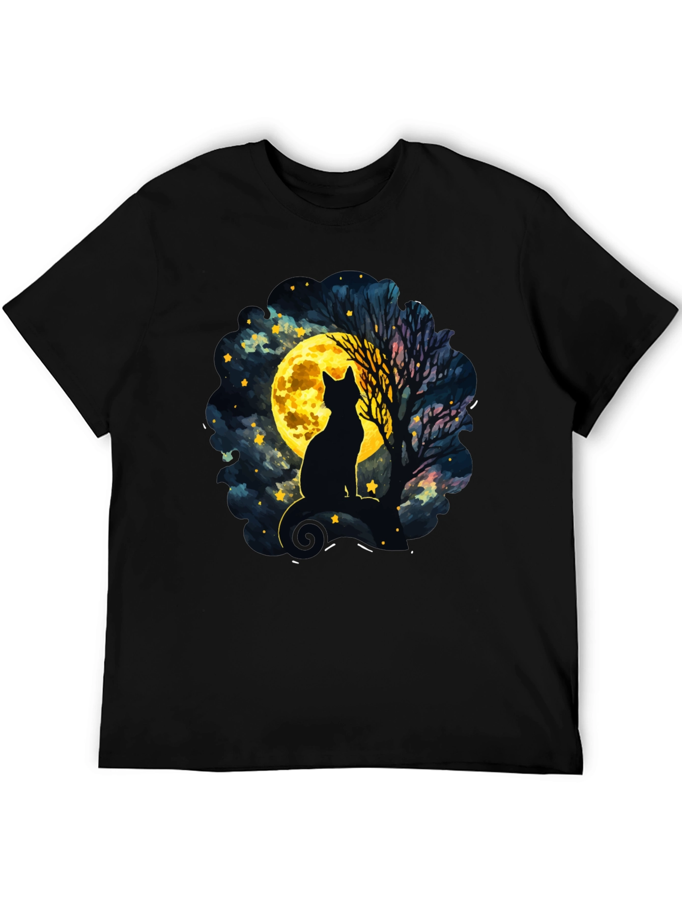 Black Moonlit Cat T-Shirt - Whimsical Night Sky Design view 5