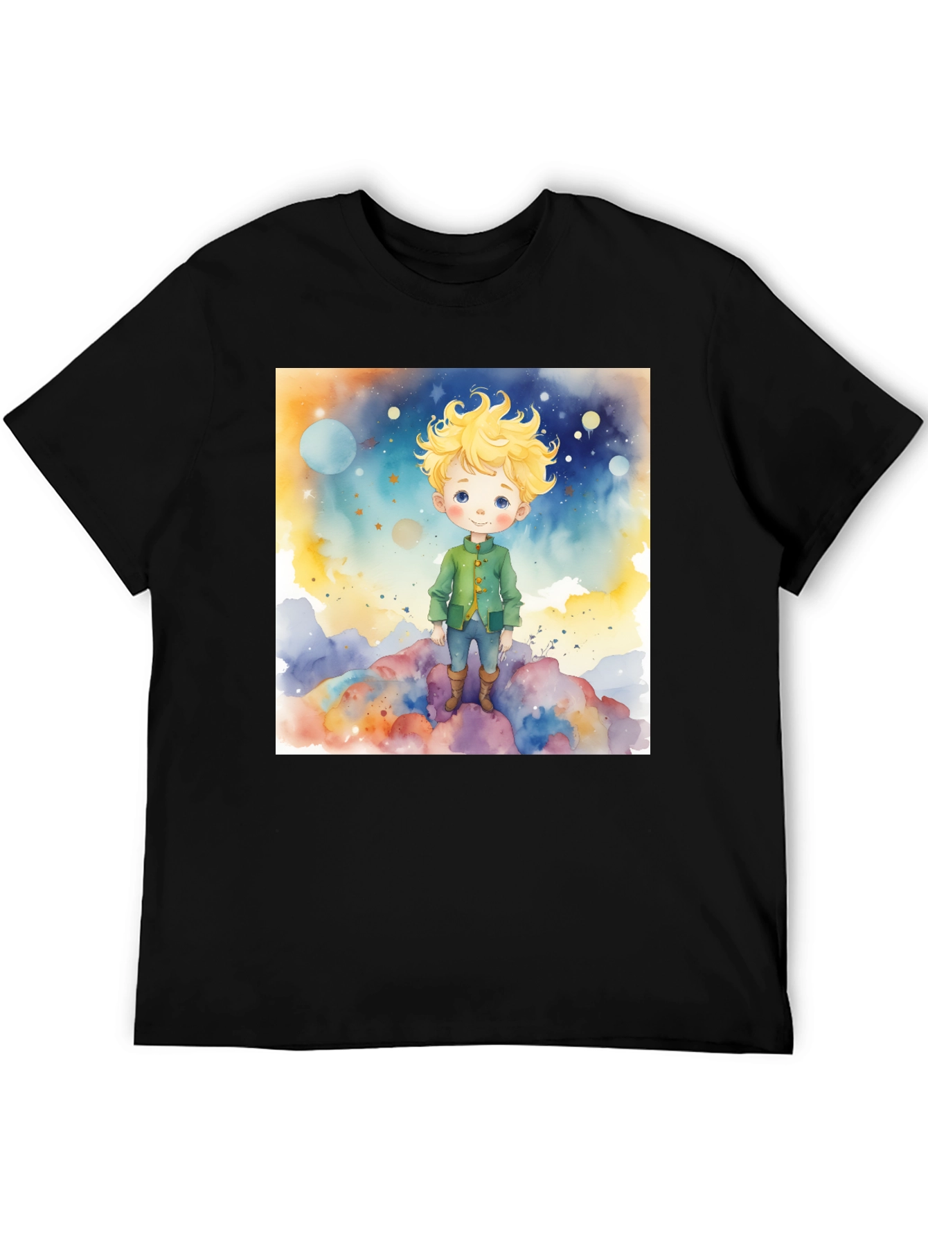 Black Little Prince Watercolor Graphic Tee - Soft Cotton Blend view 5