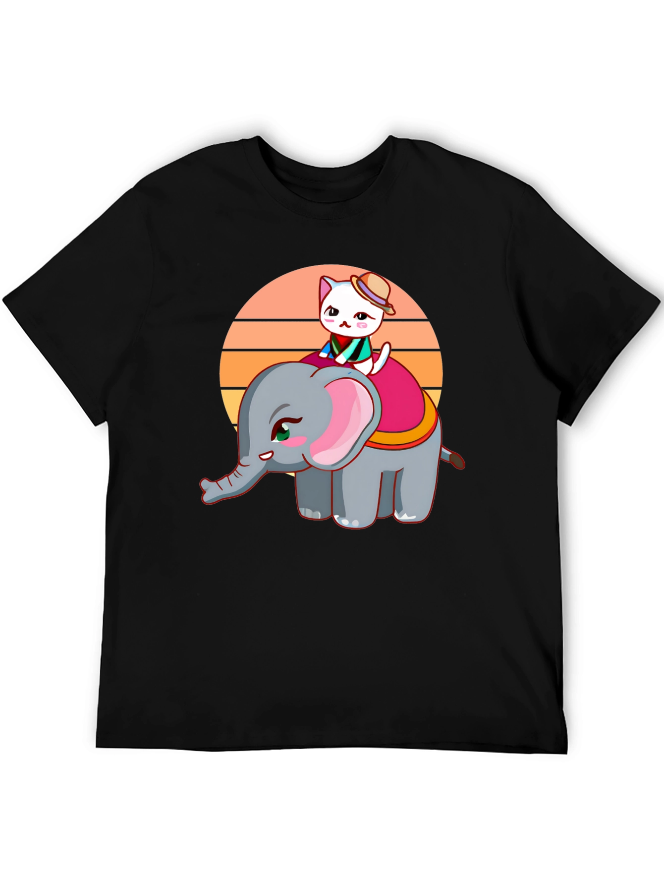 Black Cute Cartoon Elephant and Cat Graphic Tee view 5