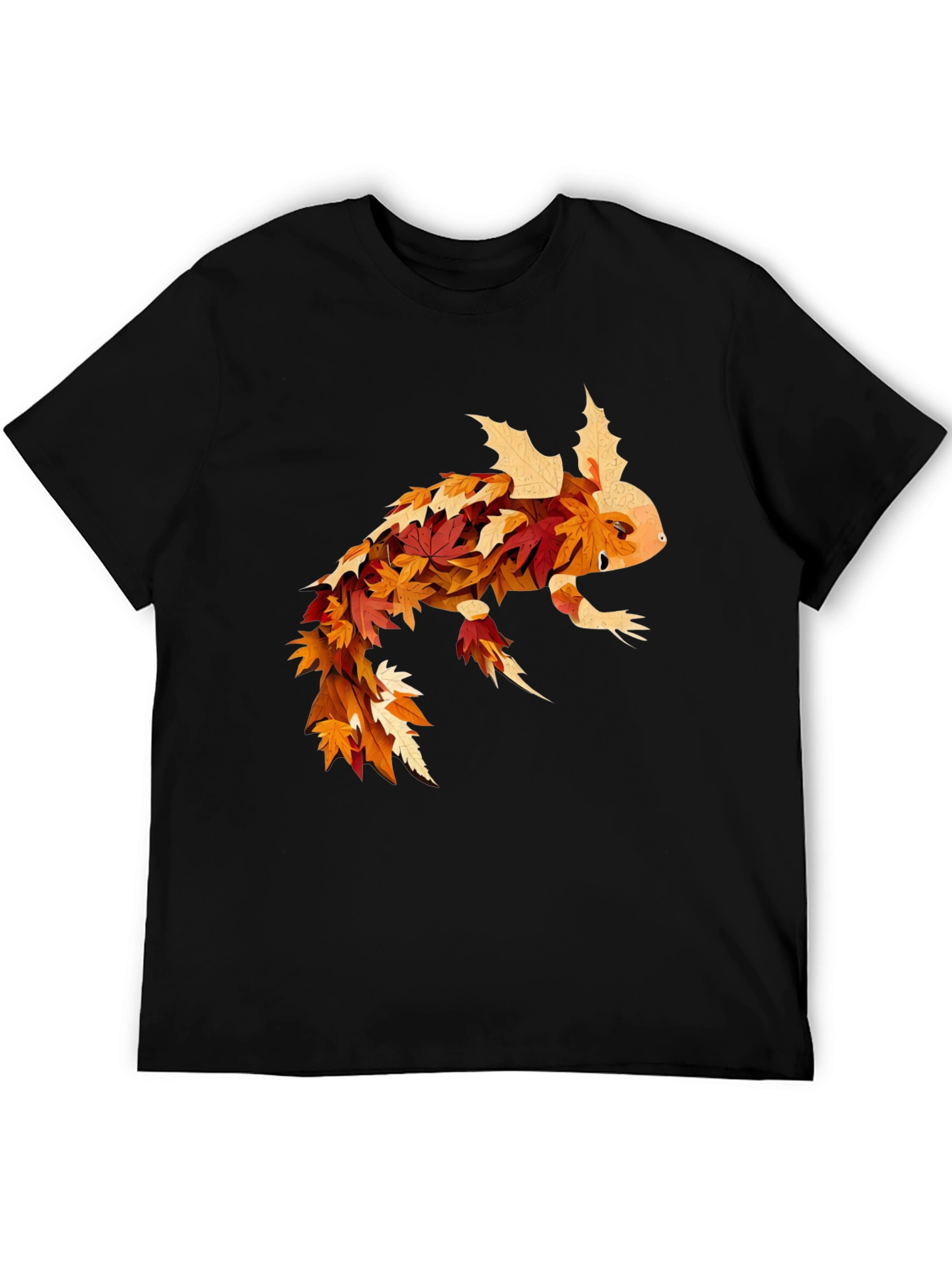 Black Fall Axolotl T-Shirt - Autumn Leaf Design view 5