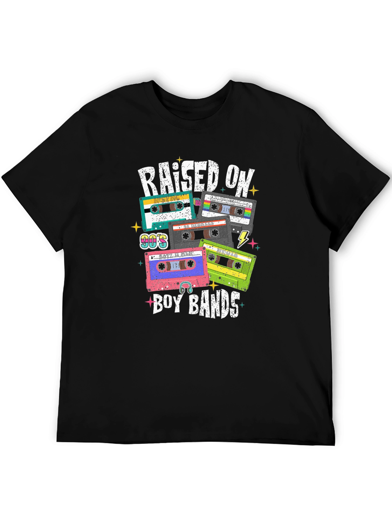 Black Raised on Boy Bands 90s Cassette Tape T-Shirt view 5