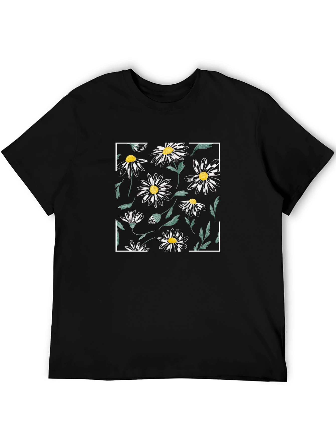 Black Daisy Pattern Black T-Shirt view 5