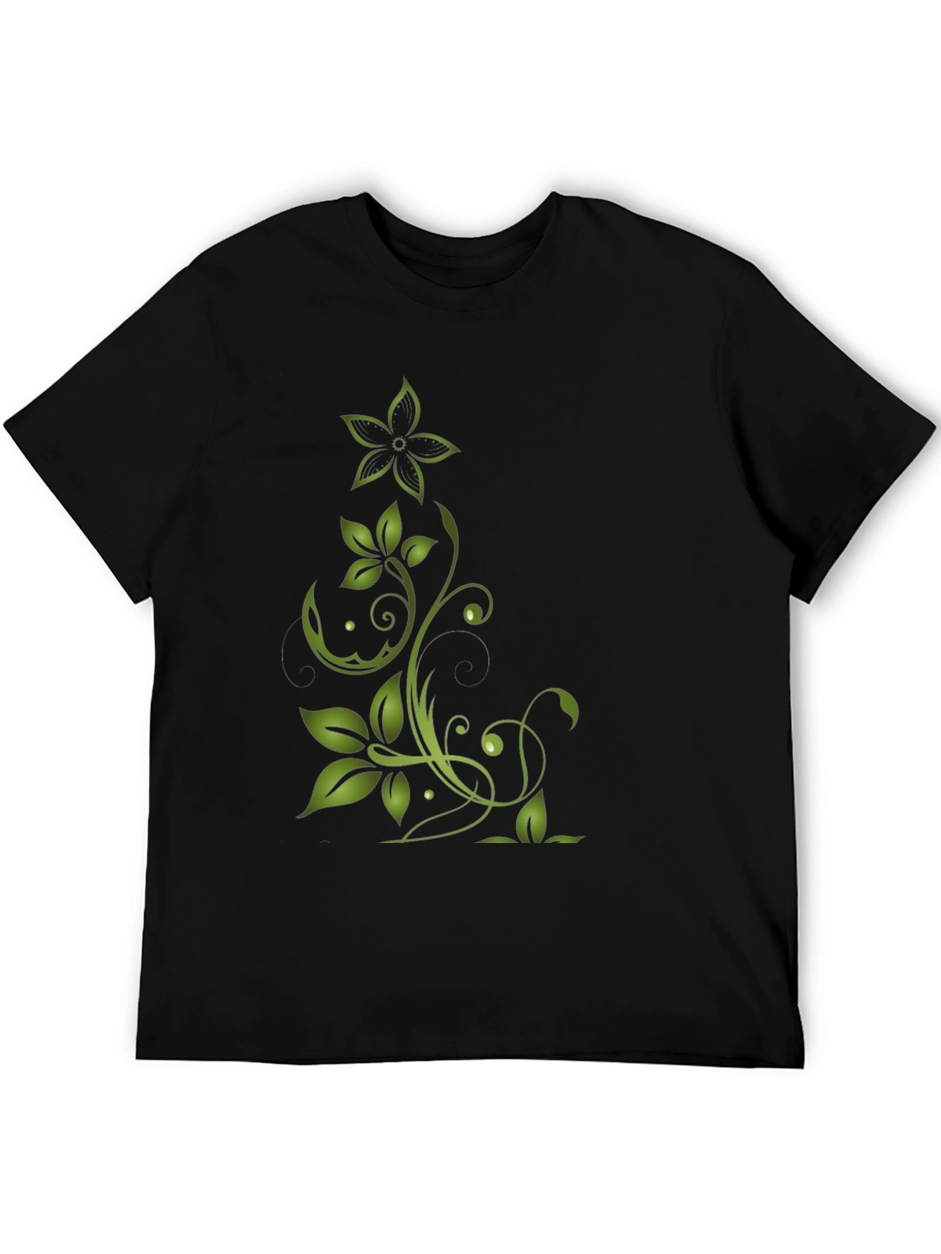 Black Green Floral Design Black T-Shirt view 5