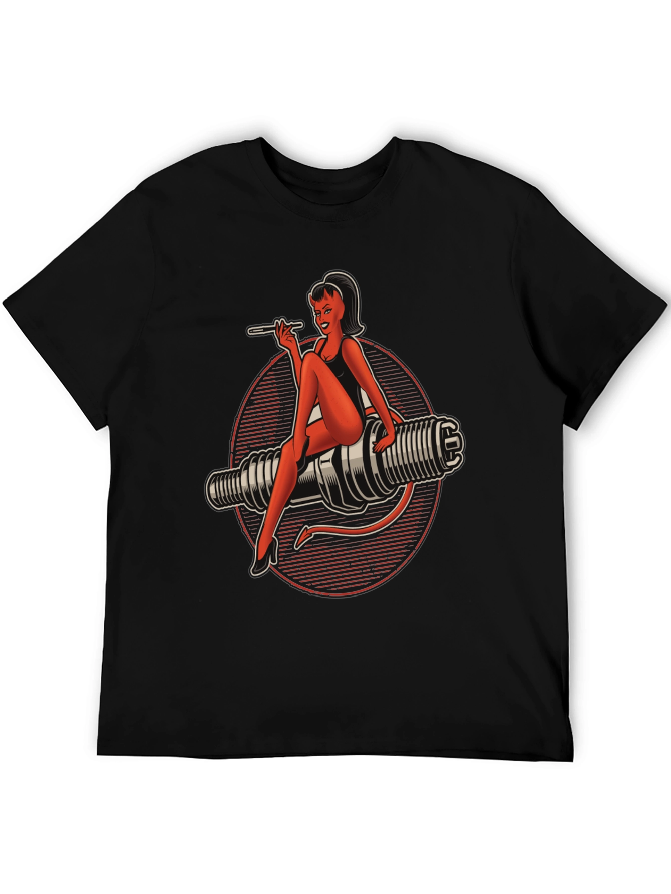 Black Devil Pin-Up Girl Spark Plug Graphic T-Shirt view 5