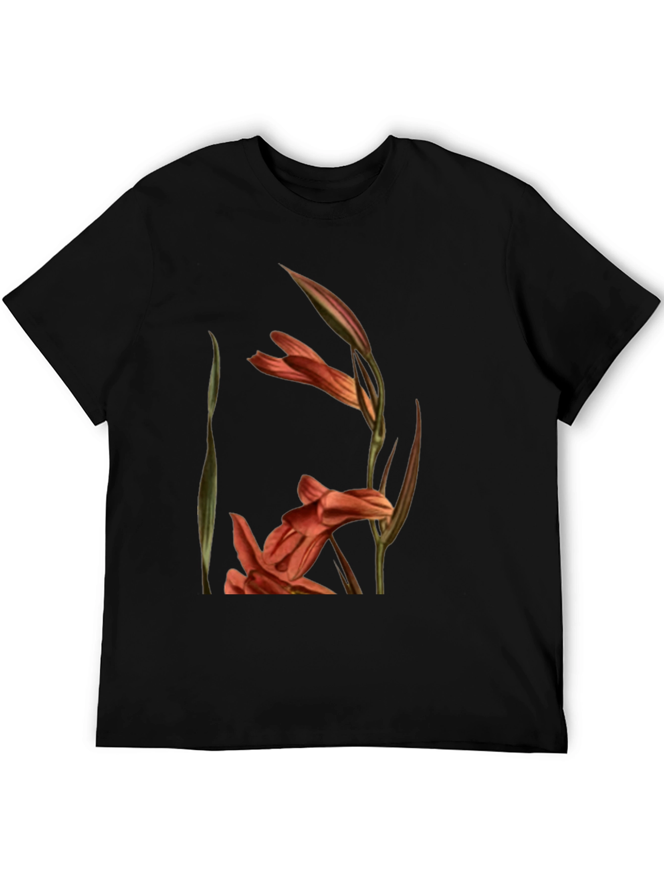Black Floral Gladiolus Print Black T-Shirt view 5